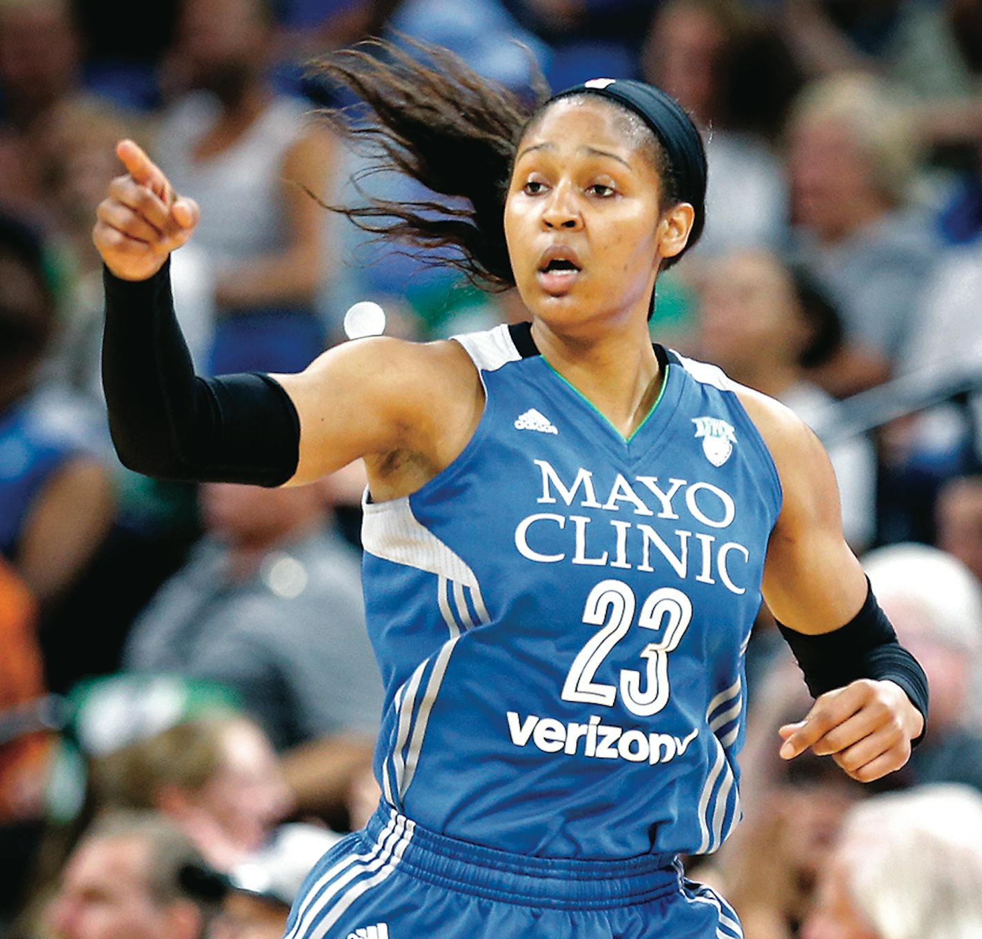 Minnesota Lynx forward Maya Moore (23) runs down the court during the first half. ] (Leila Navidi/Star Tribune) leila.navidi@startribune.com BACKGROUND INFORMATION: The Minnesota Lynx play the Seattle Storm at Target Center in Minneapolis on Sunday, August 28, 2016.