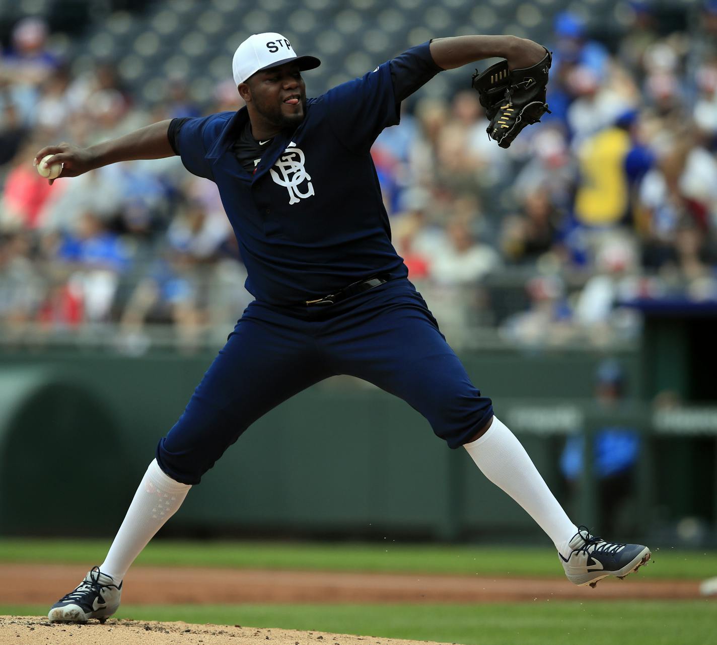 Minnesota Twins starting pitcher Michael Pineda delivers to a Kansas City Royals batter during the first inning of a baseball game at Kauffman Stadium in Kansas City, Mo., Sunday, June 23, 2019. (AP Photo/Orlin Wagner)