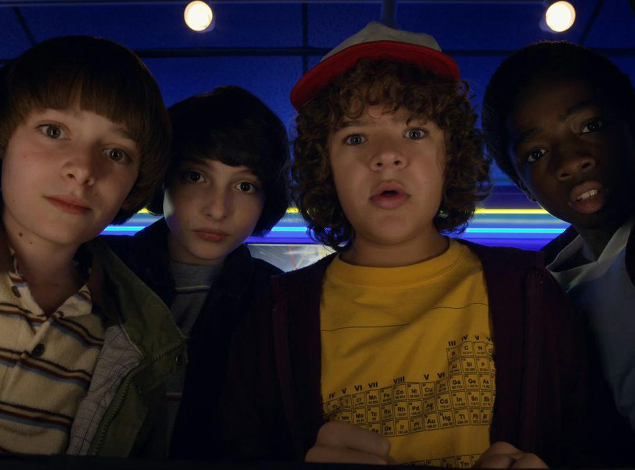 The "Stranger Things" gang, from left, played by Noah Schnapp, Finn Wolfhard, Gaten Matarazzo and Caleb McLaughlin, inspire an upcoming maze at Universal Studios. (Netflix/TNS) ORG XMIT: 1230022