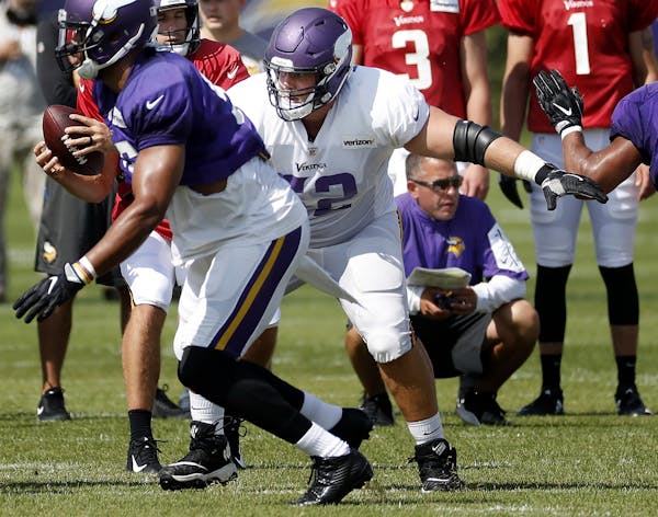 Minnesota Vikings offensive lineman Nick Easton (62) during practice on July 30, 2018. Easton had neck surgery and will likely miss the rest of the se