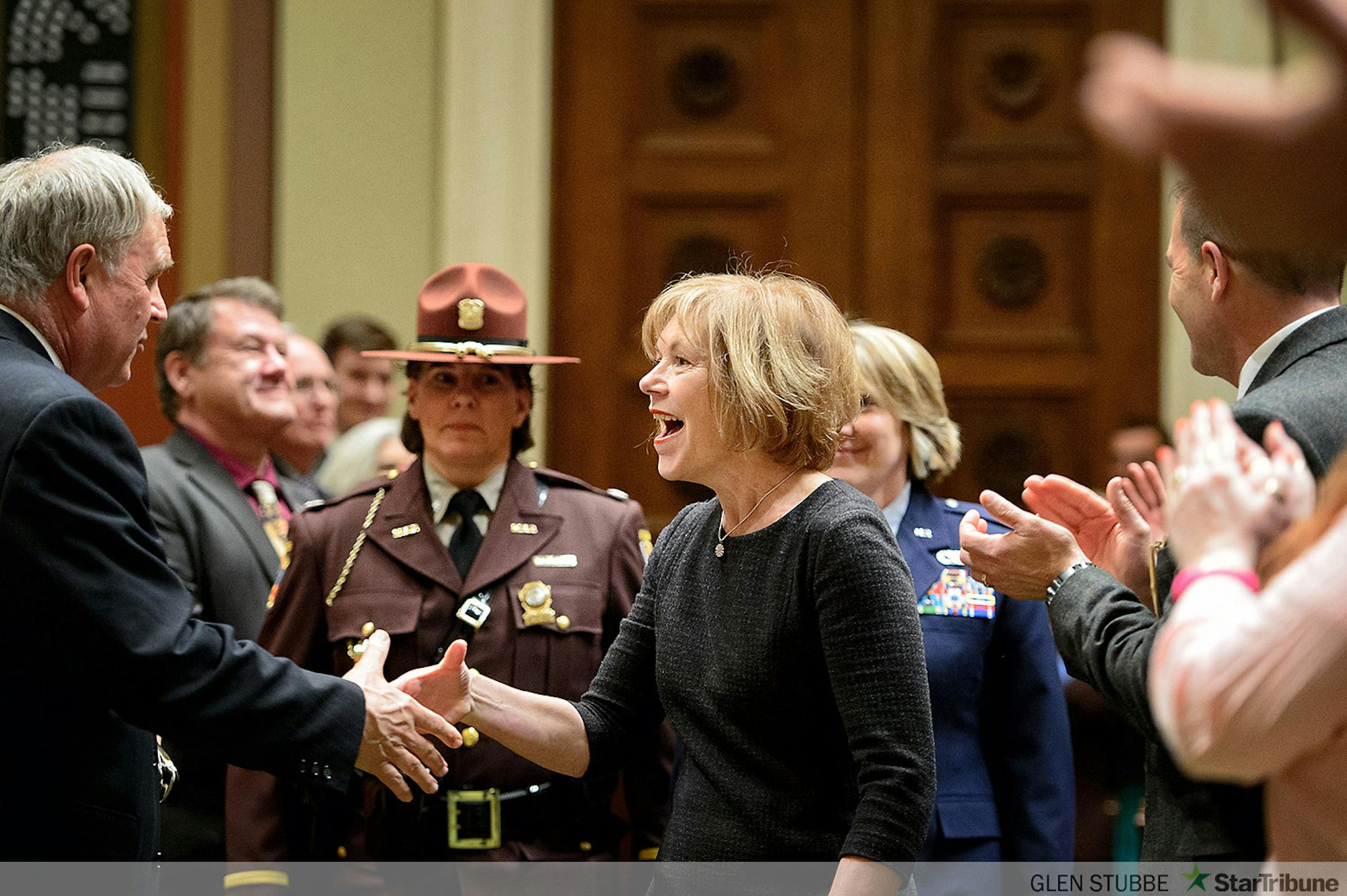 Lt governor Tina Smith arrived just before the Governor to her first State of the State as Lt. Governor.       ] GLEN STUBBE * gstubbe@startribune.com Thursday, April 9, 2015 Governor Mark Dayton delivered his 2015 State of the State address in the House Chamber of the Minnesota State Capitol, St. Paul.