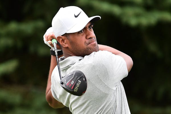 BLAINE, MINNESOTA - JULY 26: Tony Finau of the United States plays his shot from the second tee during the final round of the 3M Open on July 26, 2020
