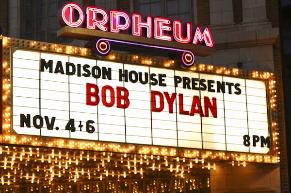 Bob Dylan&#x2019;s name on the marquee of the Orpheum Theatre in Minneapolis, a venue he used to own.