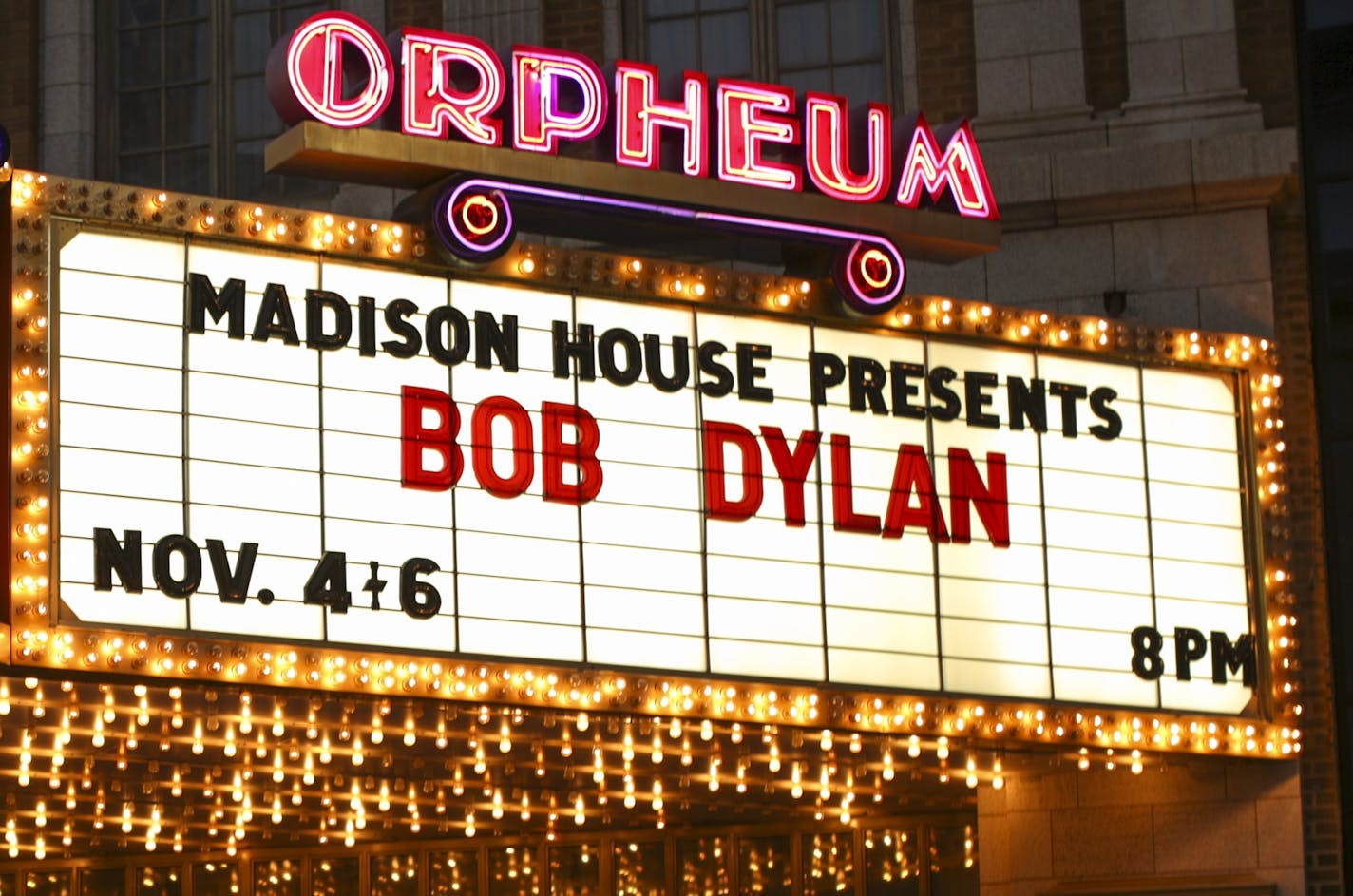 Bob Dylan&#x2019;s name on the marquee of the Orpheum Theatre in Minneapolis, a venue he used to own.