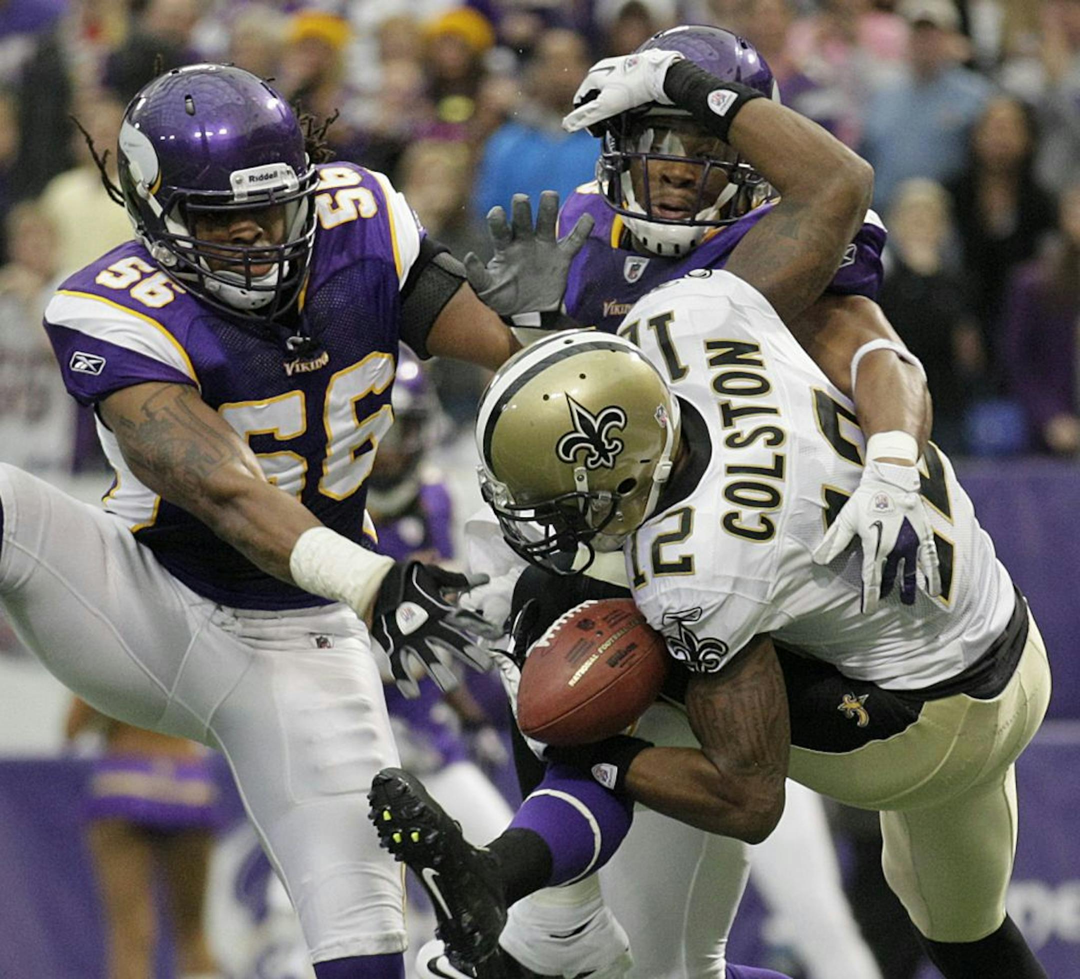 Vikings E.J. Henderson drew a Pass Interfearance penalty on this incomplete pass to New Orleans Marques Colston in the 2nd quarter. The Saints scored on the next play on a 1 yard TD Pass.
