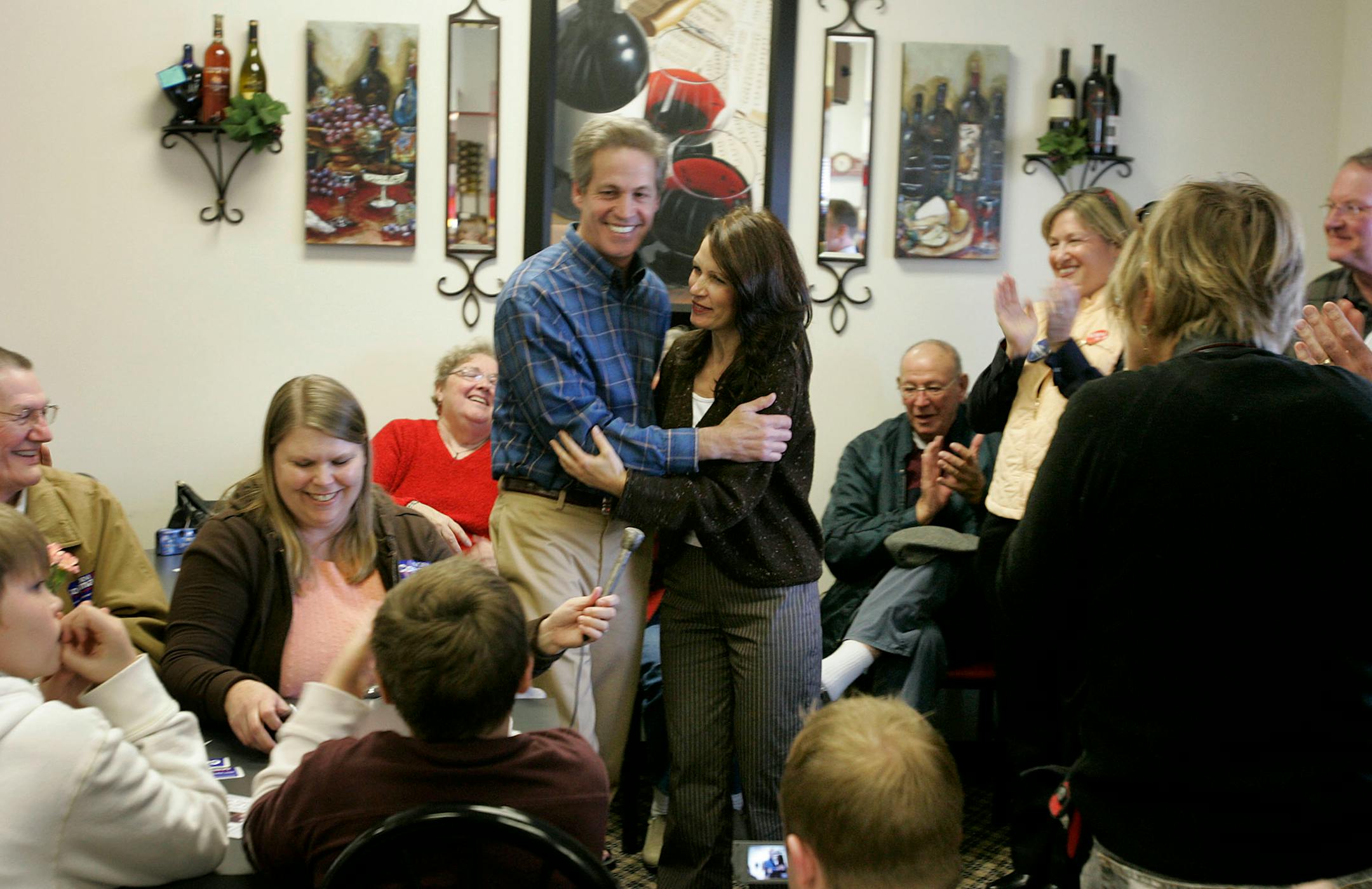 Republican Sen. Norm Coleman, at a campaign stop in Buffalo, Minn., was greeted by a large group of supporters, including Republican Congresswoman Michele Bachmann, who introduced him to the audience.