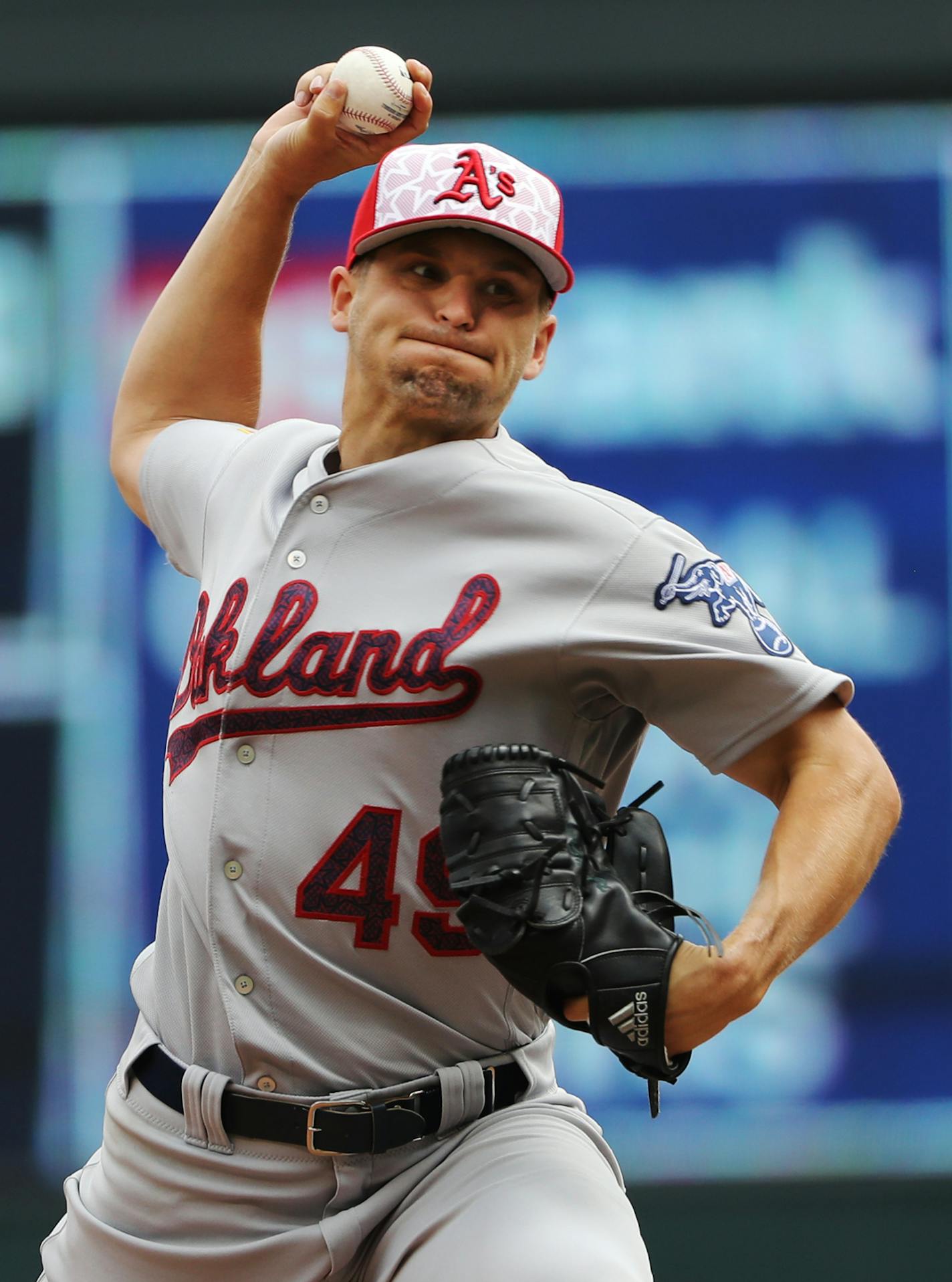 Kendall Graveman(49) started for the A's and got the win.[At the Twins game against the A's at Target Field on 7/04/16. Richard Tsong-taatarii@startribune.com