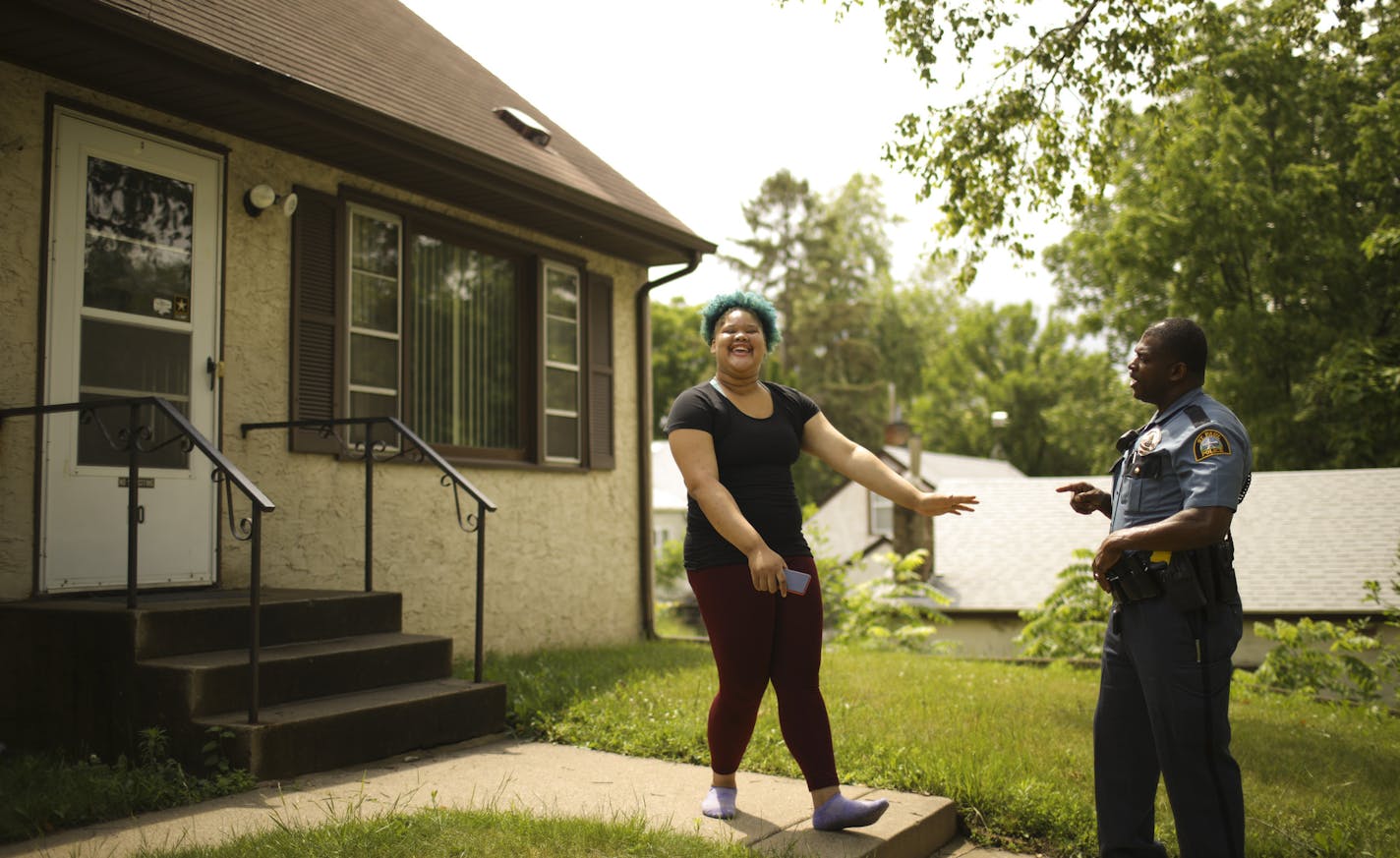 While St. Paul Police Officer Antwan Denson responded to a call about cars racing on a residential street off Rice St. Wednesday afternoon, he stopped to visit with a teenager at the home where a neighbor believed the activity originated. After some cajoling, she admitted to Denson that they were her friends. He encouraged her to think about how her friends' behavior might reflect on her family and to respect their neighbors and keep the block safe for everyone. ] JEFF WHEELER &#xef; jeff.wheele