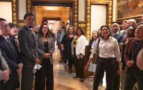 Democratic law makers interrupted the budget press conference chanting “One Minnesota Right” outside of the governor's reception room Thursday.
