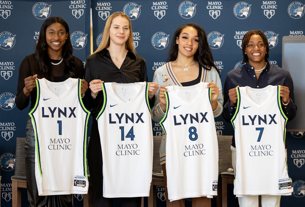 Lynx 2023 draft picks Diamond Miller, Dorka Juhasz, Brea Beal and Taylor Soule met the media on April 13 at Target Center.