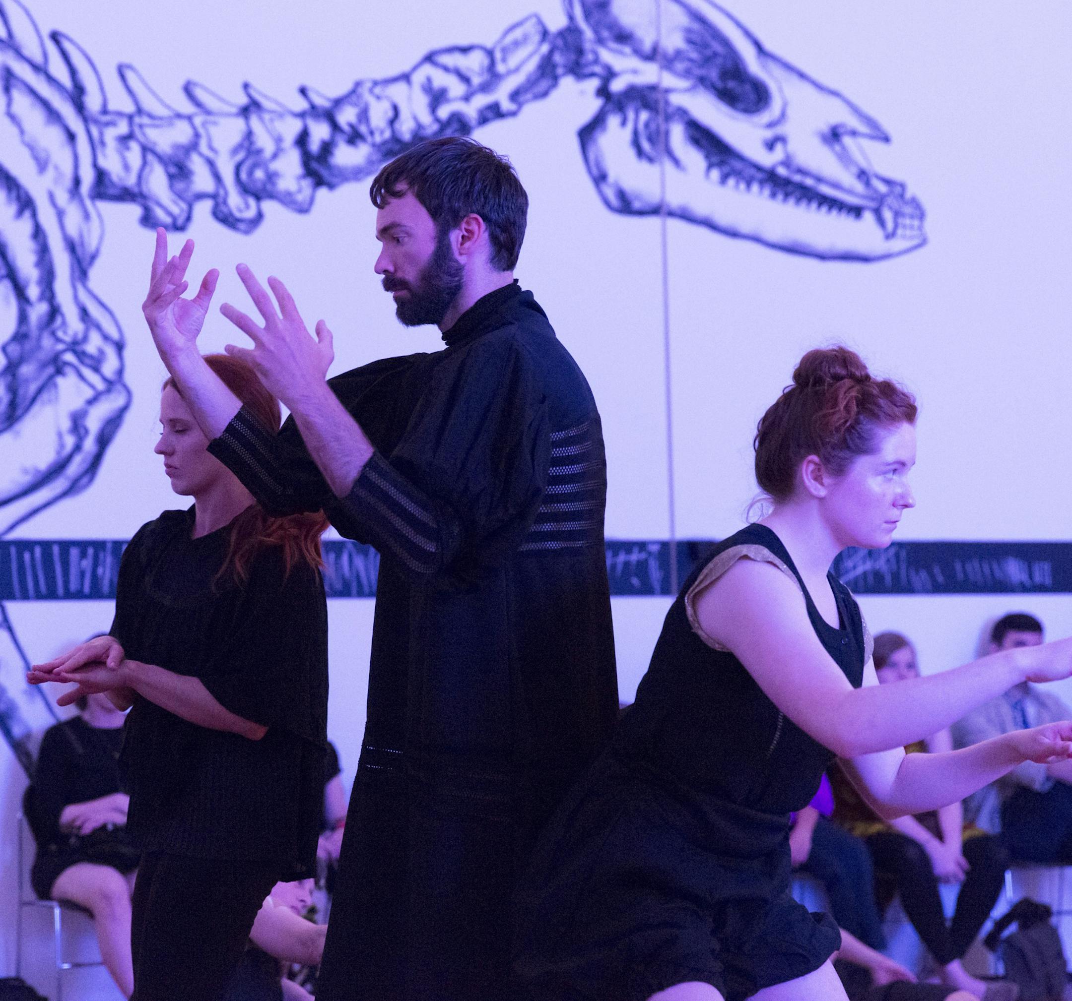 Northern Spark Festival, 2015 at the Weisman Museum Still Life (performance detail at Weisman Art Museum during Northern Spark), Morgan Thorson choreographer, 2015. Image by Heidi Bohnenkamp.