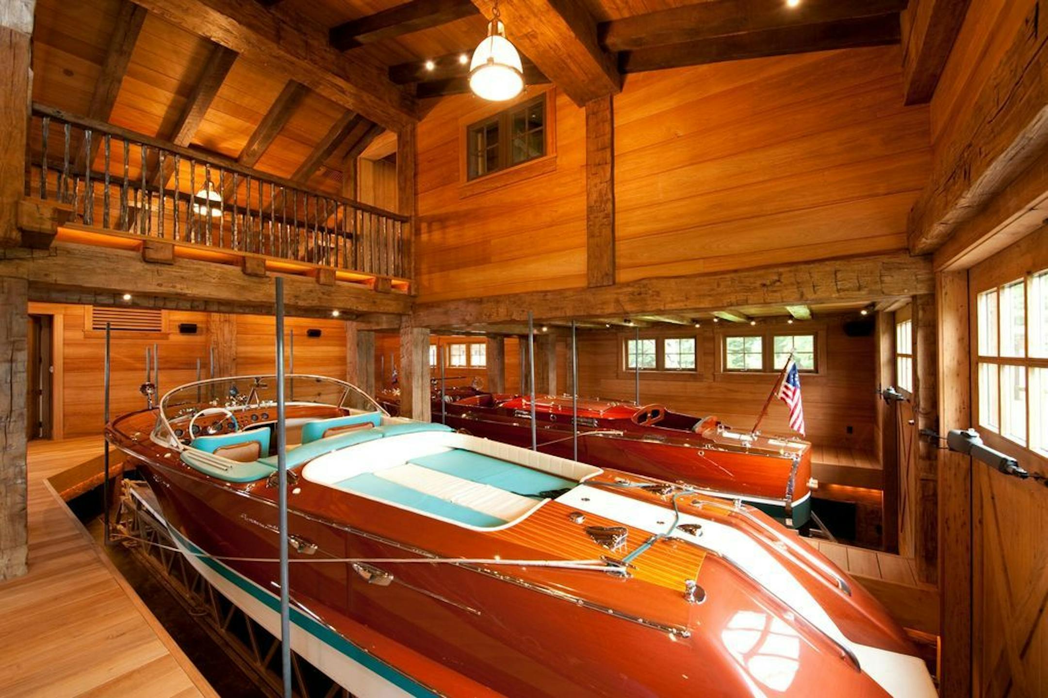 The boathouse interior is finished with teak.