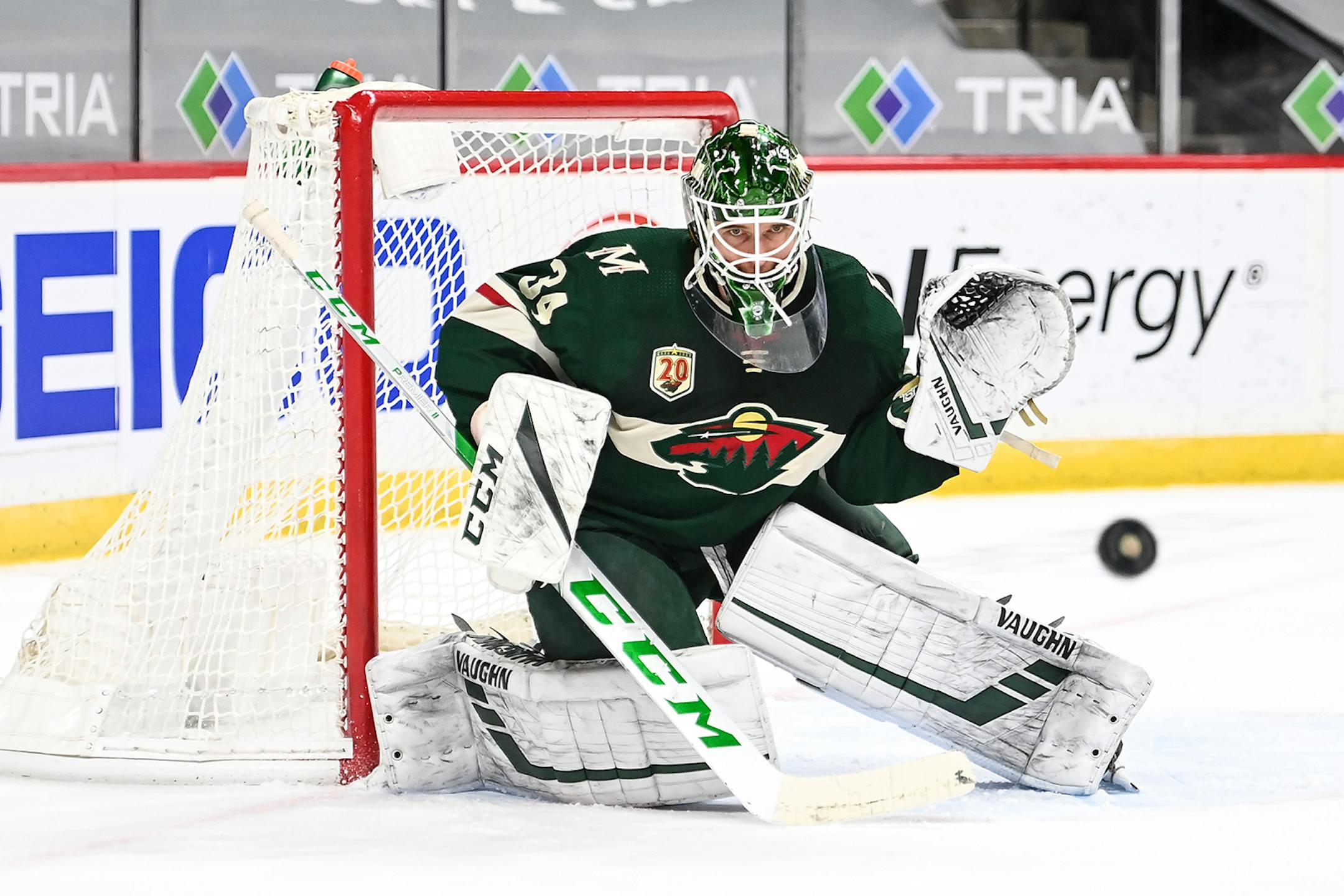 Minnesota Wild goaltender Kaapo Kahkonen (34) eyed a shot in the second period.