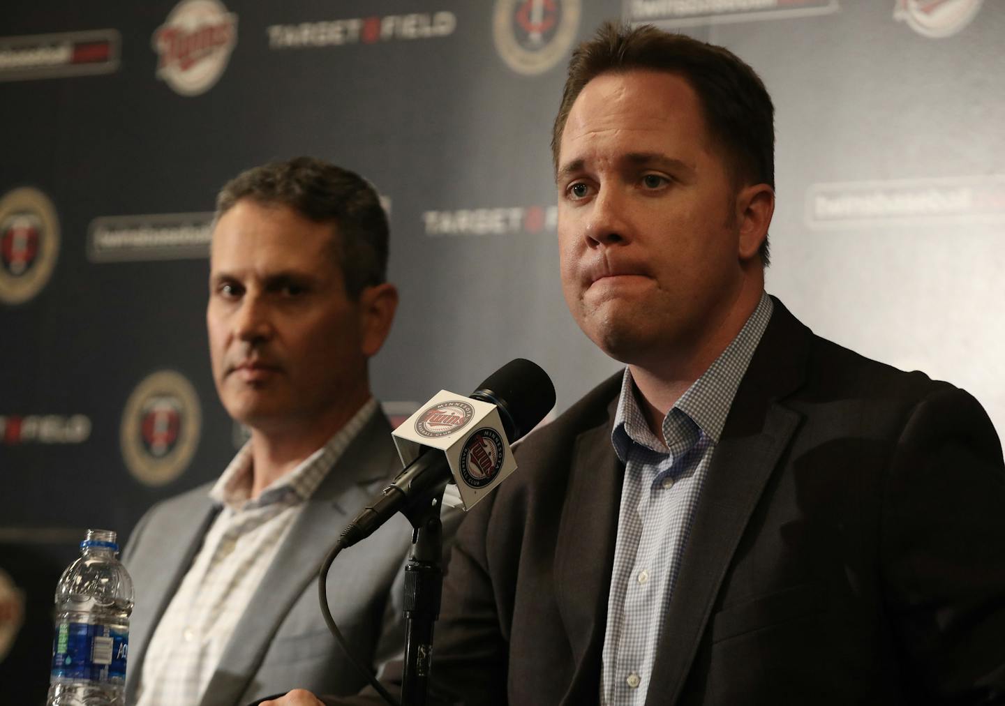 Twins Chief Baseball Officer Derek Falvey, right, will remain in Minnesota alongside Senior Vice President and General Manager Thad Levine