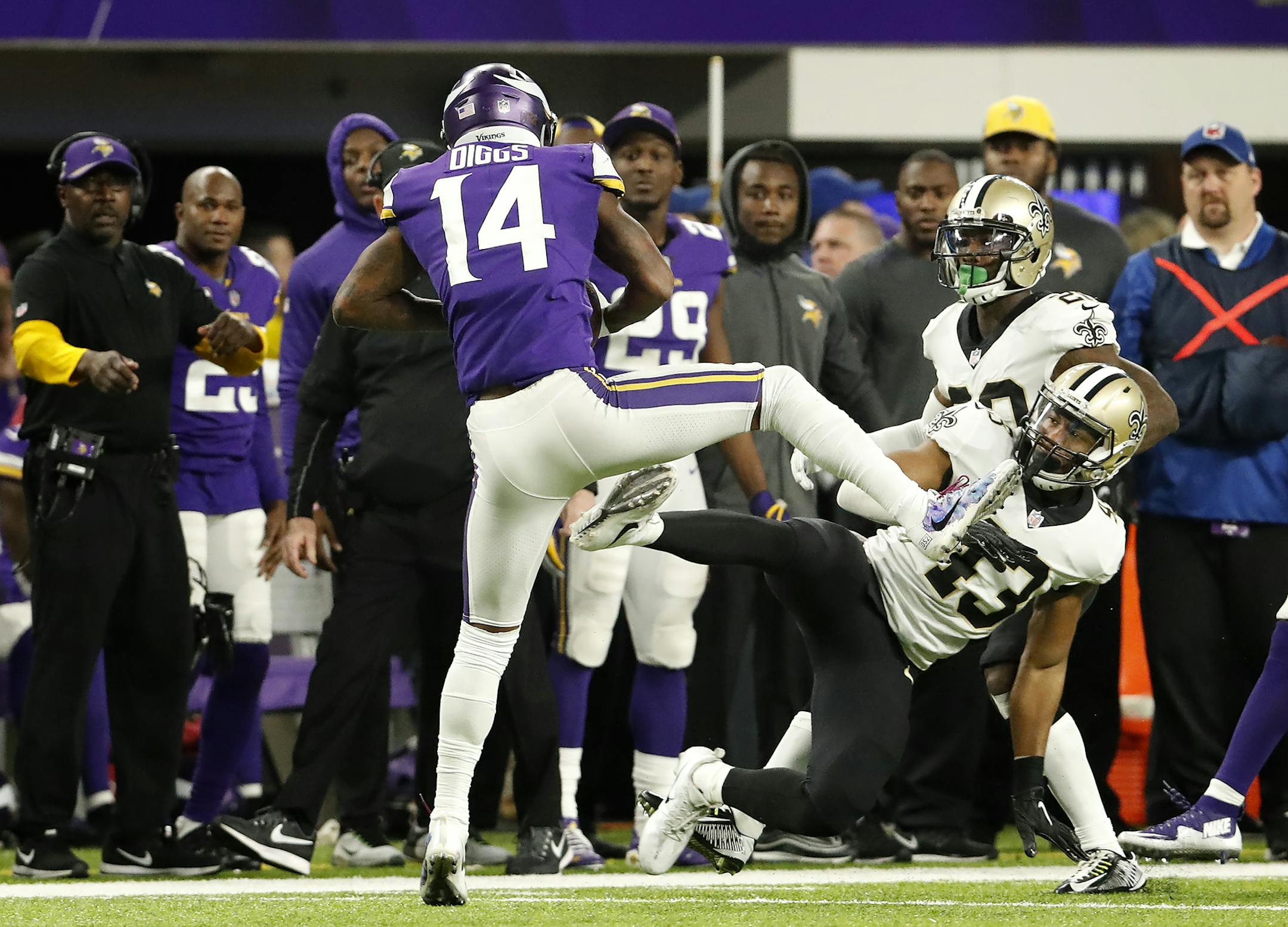 Vikings receiver Stefon Diggs scored a 61-yard touchdown to win the game. Minnesota beat New Orleans by a final score of 29-24. ] CARLOS GONZALEZ • cgonzalez@startribune.com - Minneapolis, MN - January 14 2018, US Bank Stadium, NFL, NFC Divisional Playoff, Minnesota Vikings vs. New Orleans Saints ORG XMIT: MIN1801150840253886