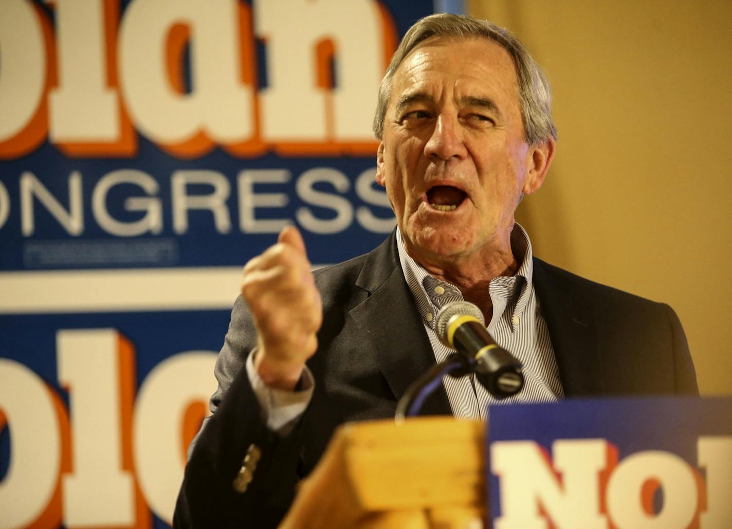 Democrat U.S. Rep. Rick Nolan addressed supporters at his elections headquarters at the Arrowwood LodgeTuesday, Nov. 4, 2014, in Baxter, MN.