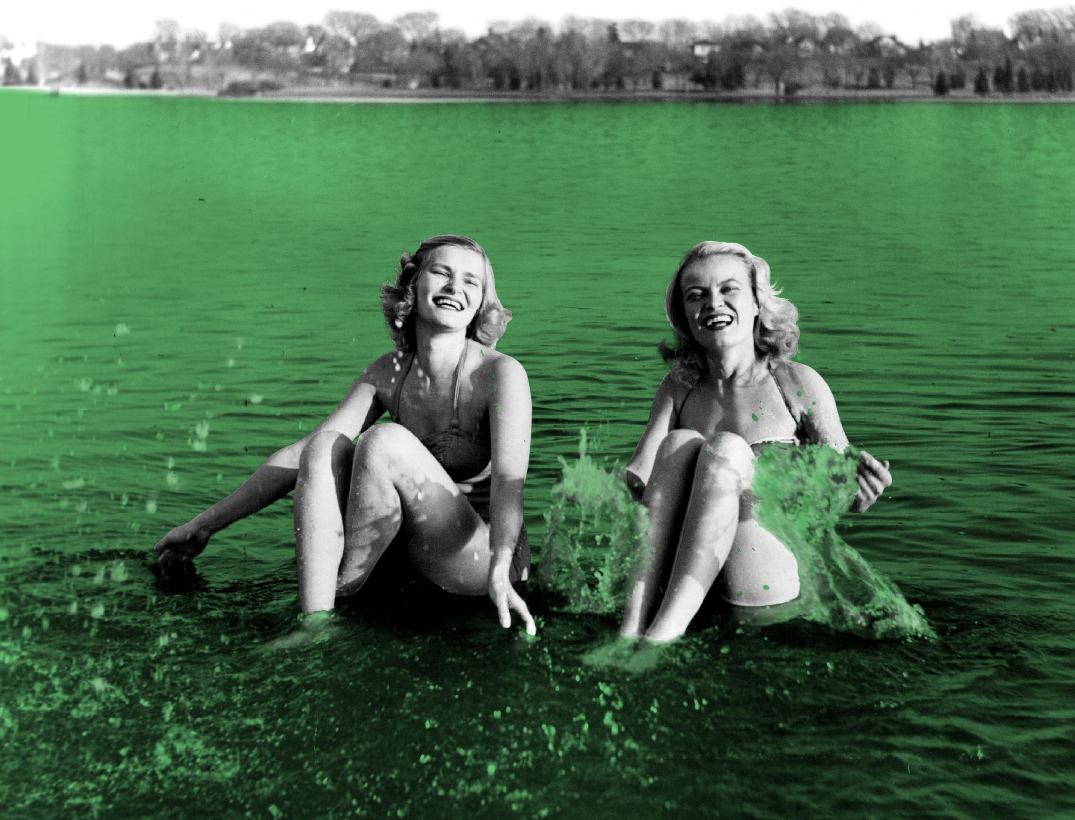 A photo illustration of a 1952 image shows swimmers in Lake Nokomis in Minneapolis.
