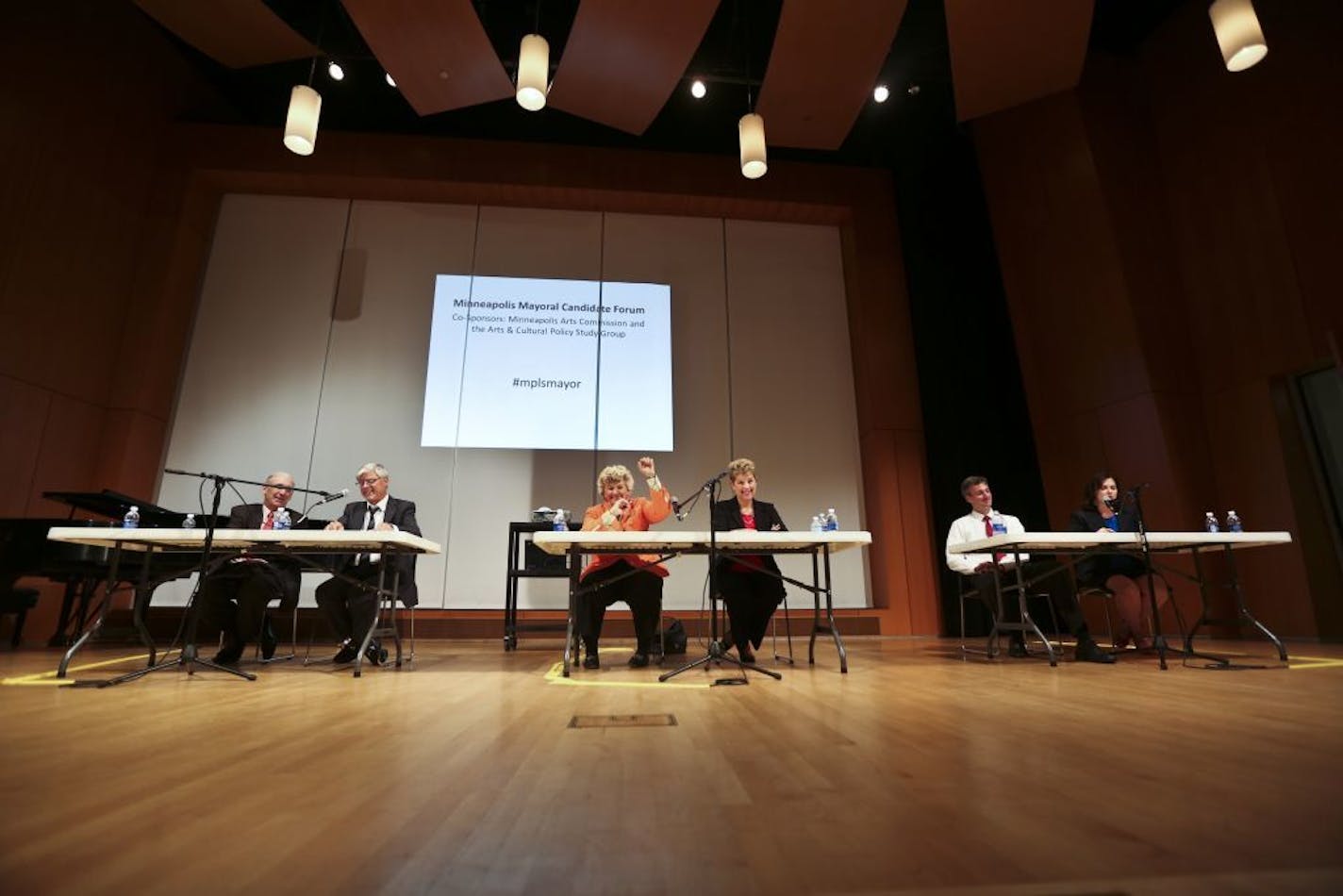 A mayoral forum based on the arts was held with several candidates for mayor of Minneapolis at the MacPhail Center in Minneapolis, Minn., on Thursday, September 12, 2013. Candidates from the left; Bob Fine, Mark Andrew, Stephanie, Woodruff, Jackie Cherryhomes, Cam Winton, and Betsy Hodges.