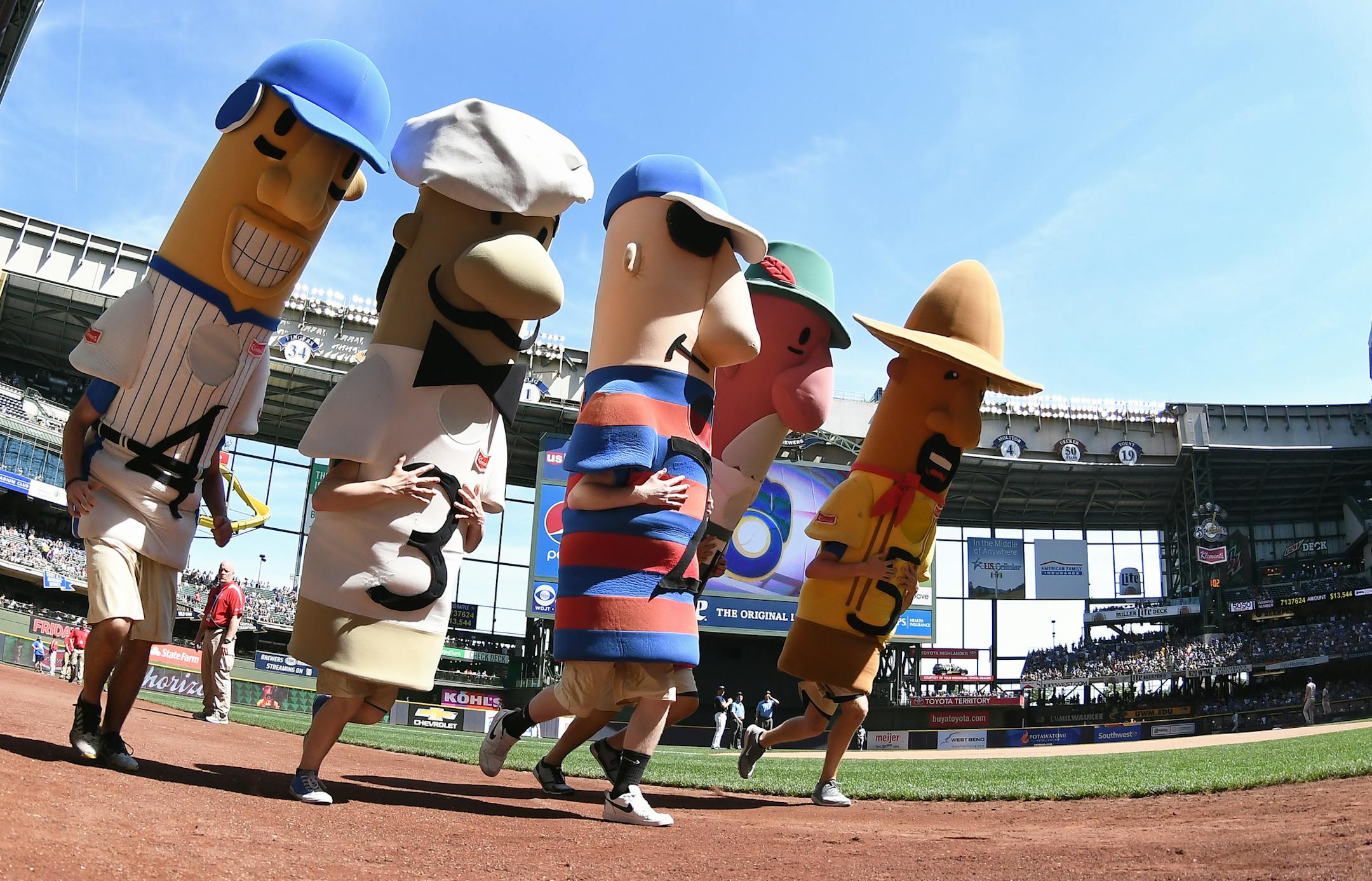 The Sausage Race takes place during a game between the Milwaukee Brewers and Los Angeles Dodgers on June 4, 2017 at Miller Park in Milwaukee, WI. The Brewers defeated the Dodgers 3-0. (Photo by Nick Wosika/Icon Sportswire) (Icon Sportswire via AP Images)