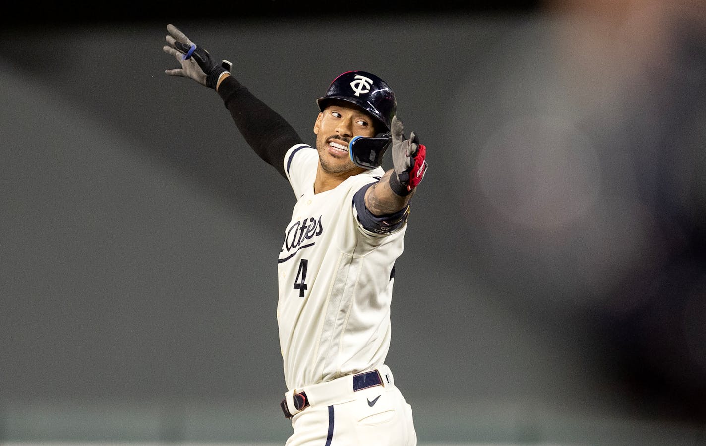 Carlos Correa (4) of the Minnesota Twins celebrates after hitting in the game winning RBI in the tenth inning Monday, July 24, 2023, at Target Field in Minneapolis, Minn. ] CARLOS GONZALEZ • carlos.gonzalez@startribune.com