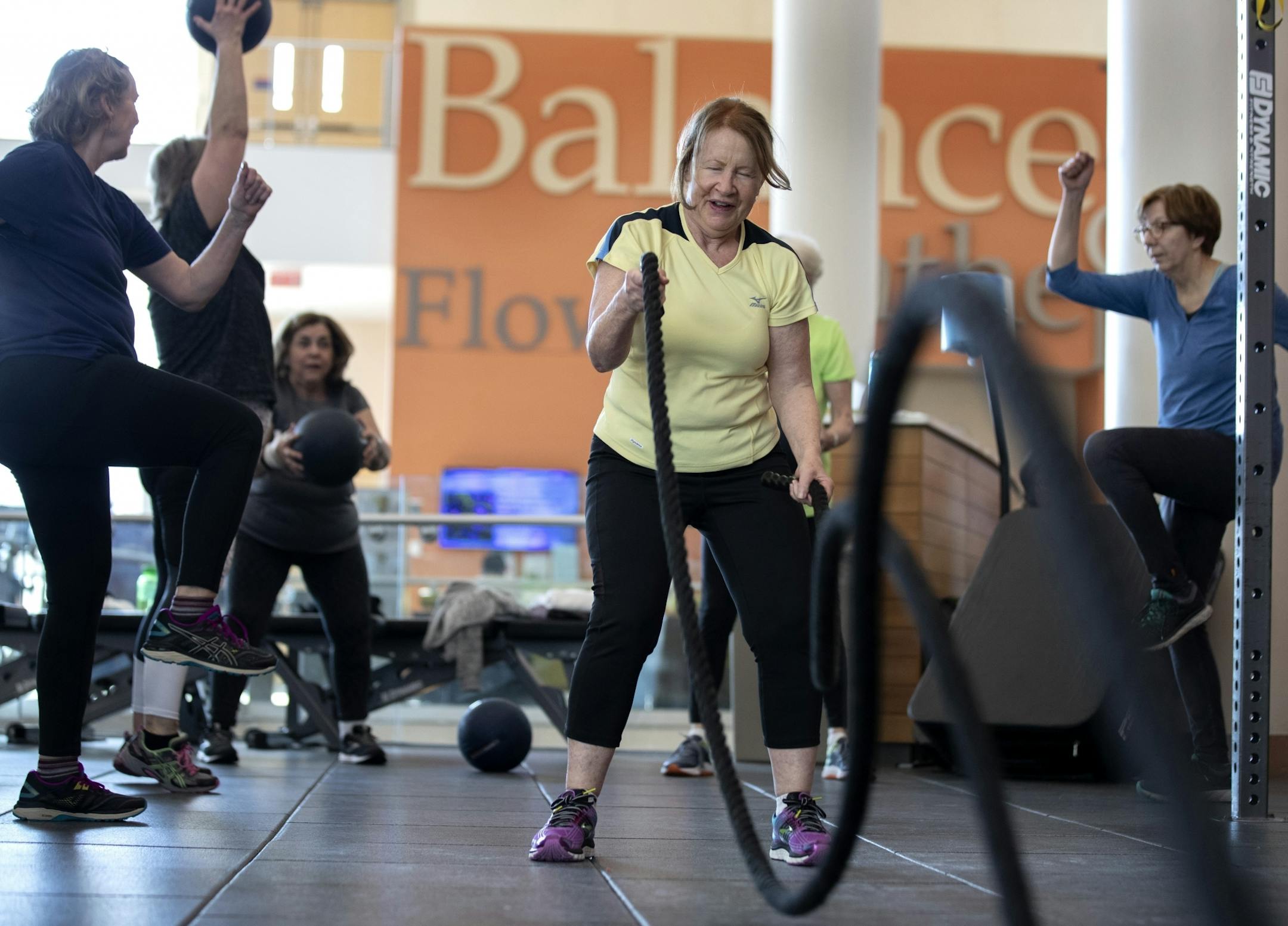 Barbara Hall worked heavy rope training at the Dan Abraham healthy living center in Rochester.