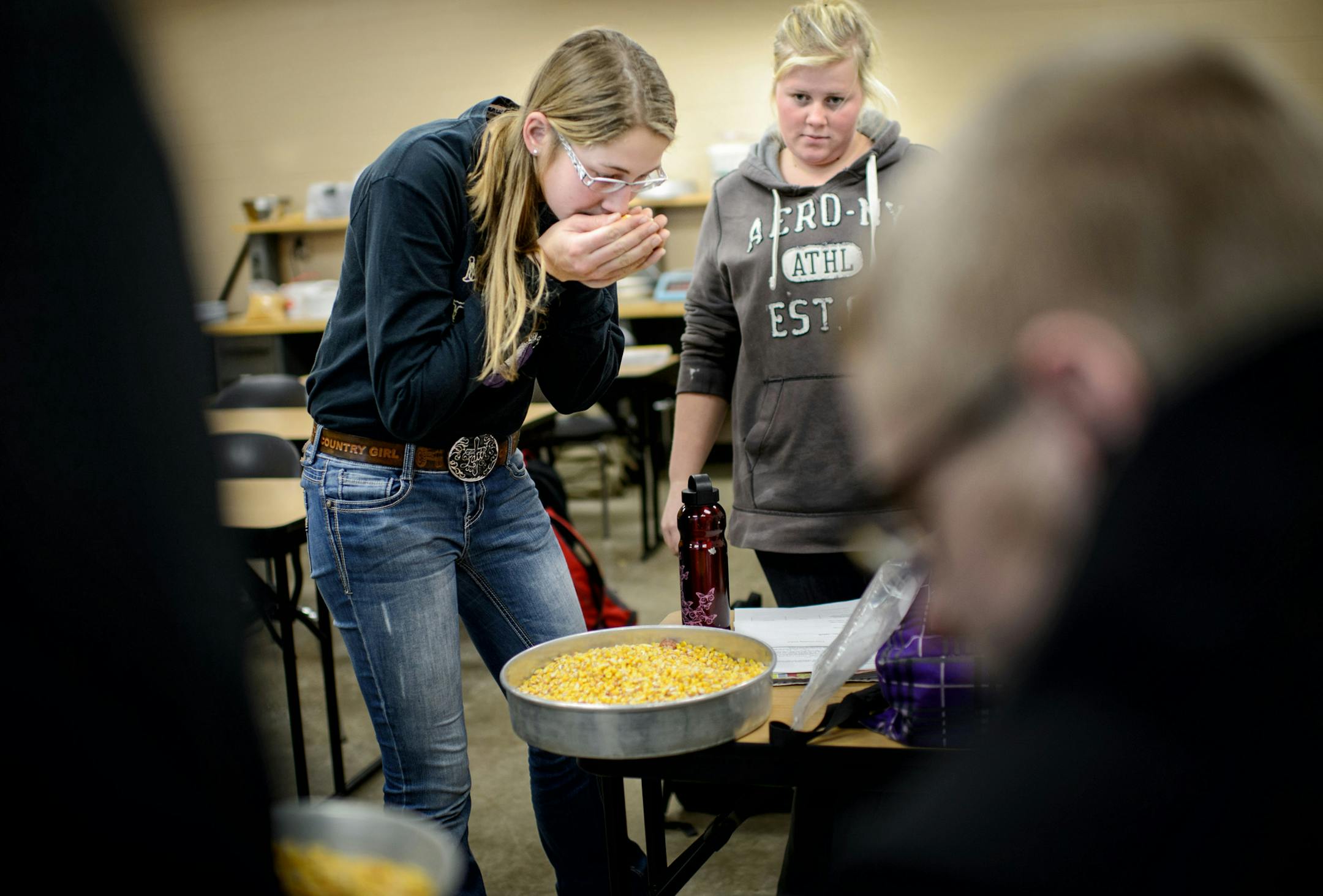 Morgan Uphoff and Anna Salber took turns smelling corn during a corn grading segment of their Ag Business class at Ridgewater College, Willmar. ] GLEN STUBBE * gstubbe@startribune.com Monday, November 23, 2015