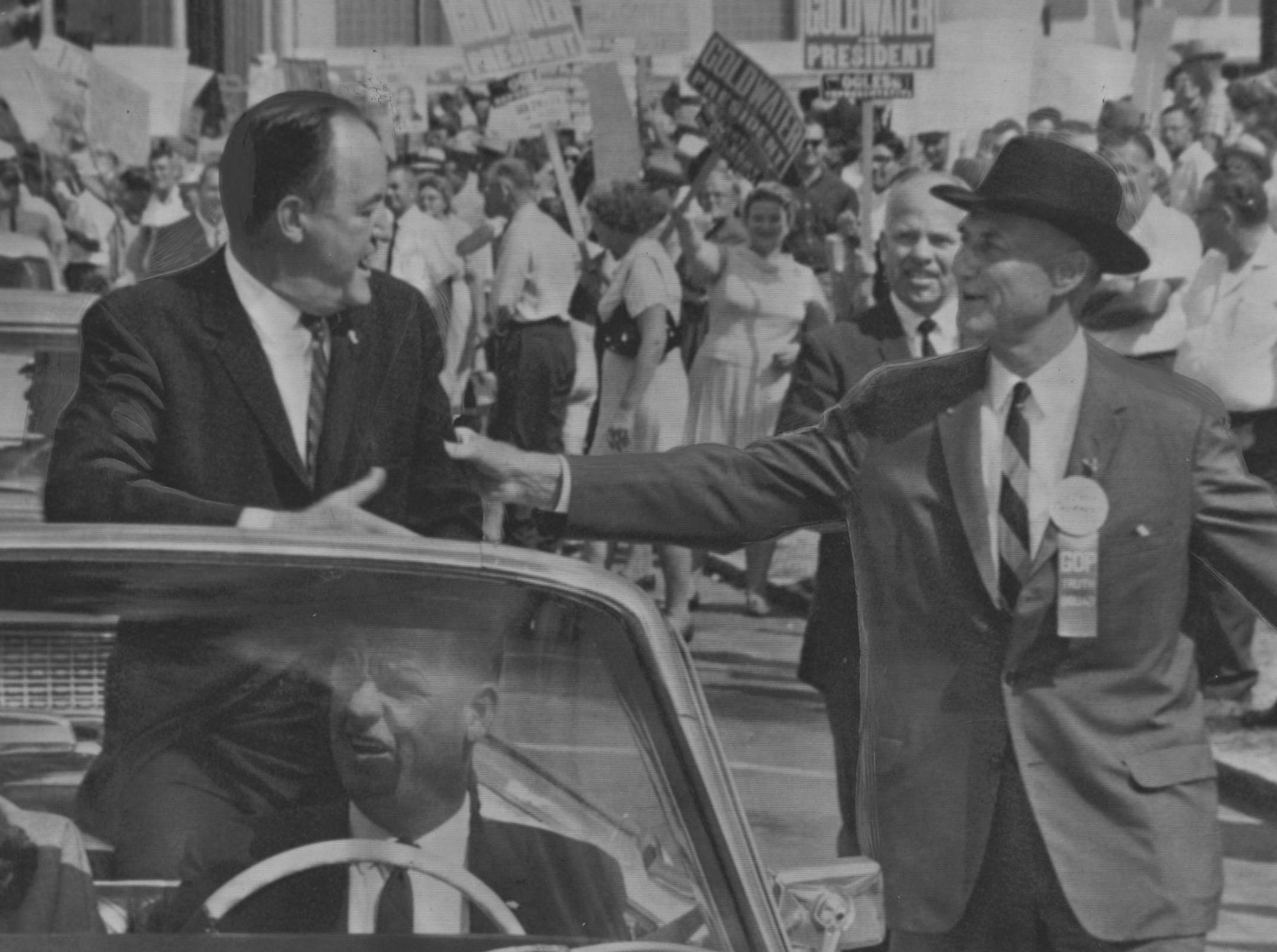 Senator Strom Thurmond (R-SC) greets Sen. Hubert Humphrey in Moultrie, Georgia, Tues Sept 29, 1964, as Humphrey campaigns for the Johnson-Humphrey ticket. Associated Press (AP) file photo.