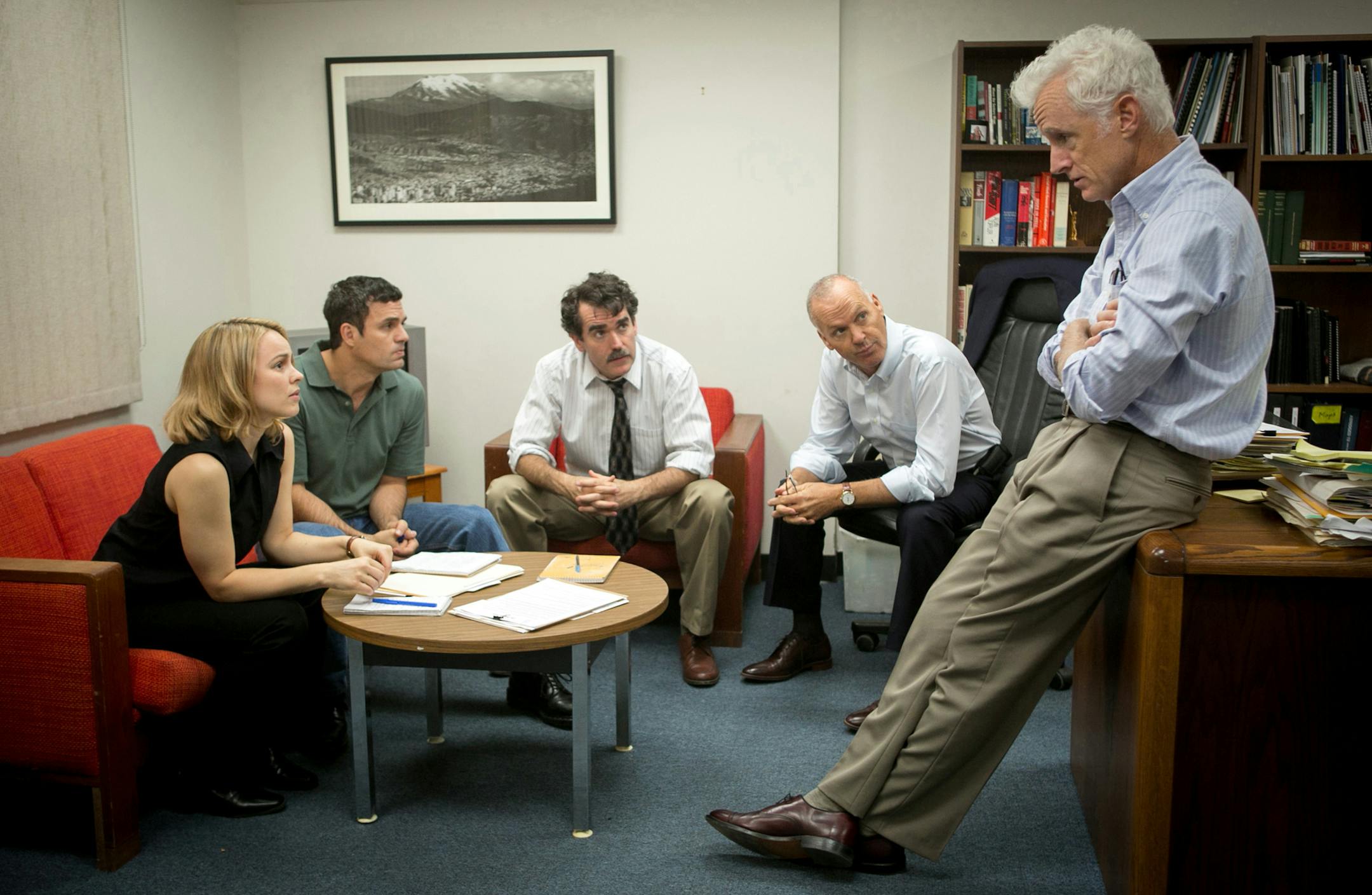 This photo provided by courtesy of Open Road Films shows, Rachel McAdams, from left, as Sacha Pfeiffer, Mark Ruffalo as Michael Rezendes, Brian díArcy James as Matt Carroll, Michael Keaton as Walter "Robby" Robinson and John Slattery as Ben Bradlee Jr., in a scene from the film, "Spotlight." (Kerry Hayes/Open Road Films via AP)