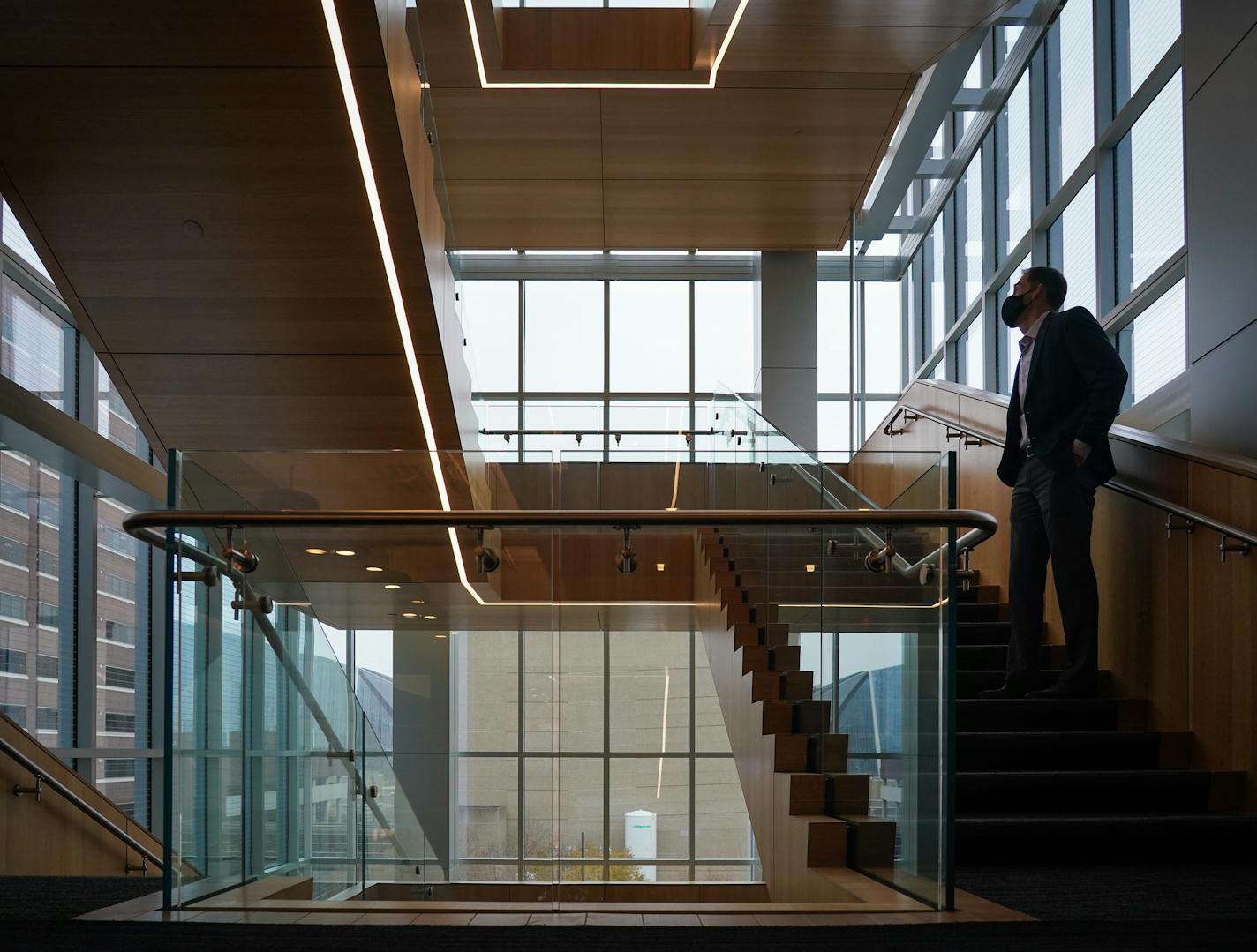 Eric Merriman, Thrivent director of real estate, stood in the open stairway that runs through the heart of the new headquarters. ] Shari L. Gross ¥ shari.gross@startribune.com Thrivent unveiled its new $125 million headquarters building in downtown Minneapolis.