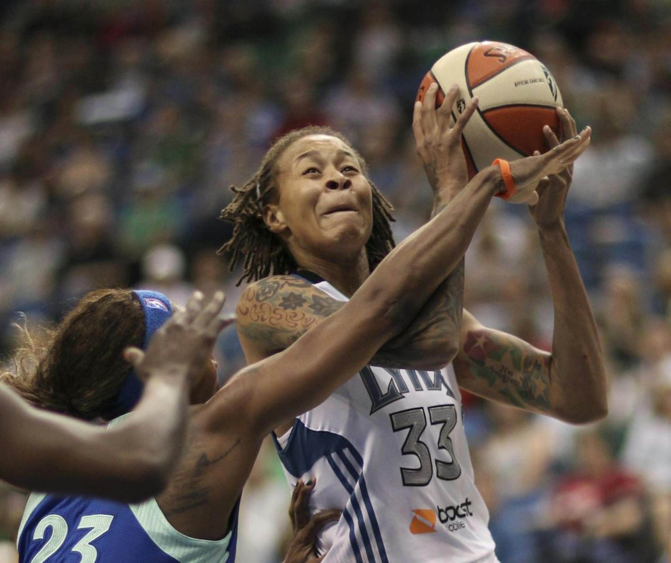 The Minnesota Lynx walloped the New York Liberty 102-70 in a WNBA game Thursday night, June 21, 2012 at Target Center in Minneapolis, Minn. New York's Cappie Pondexter fouled the Lynx' Seimone Augustus when she took a first quarter shot Thursday night. Augustus had 26 pints in the game.