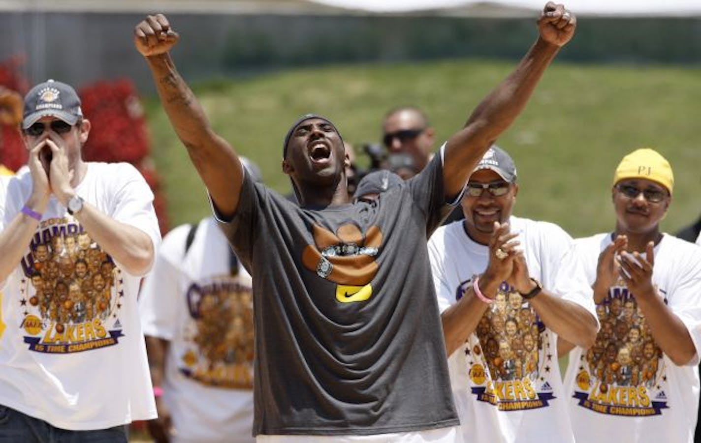 Los Angeles Lakers basketball player Kobe Bryant celebrated while on stage during the Lakers' NBA championship victory rally at the Los Angeles Memorial Coliseum in Los Angeles on Wednesday.