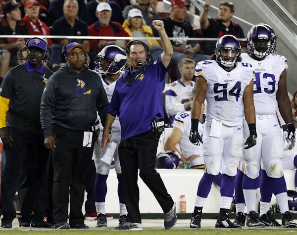 Minnesota Vikings head coach Mike Zimmer instructs from the sideline during an NFL football game against the San Francisco 49ers in Santa Clara, Calif