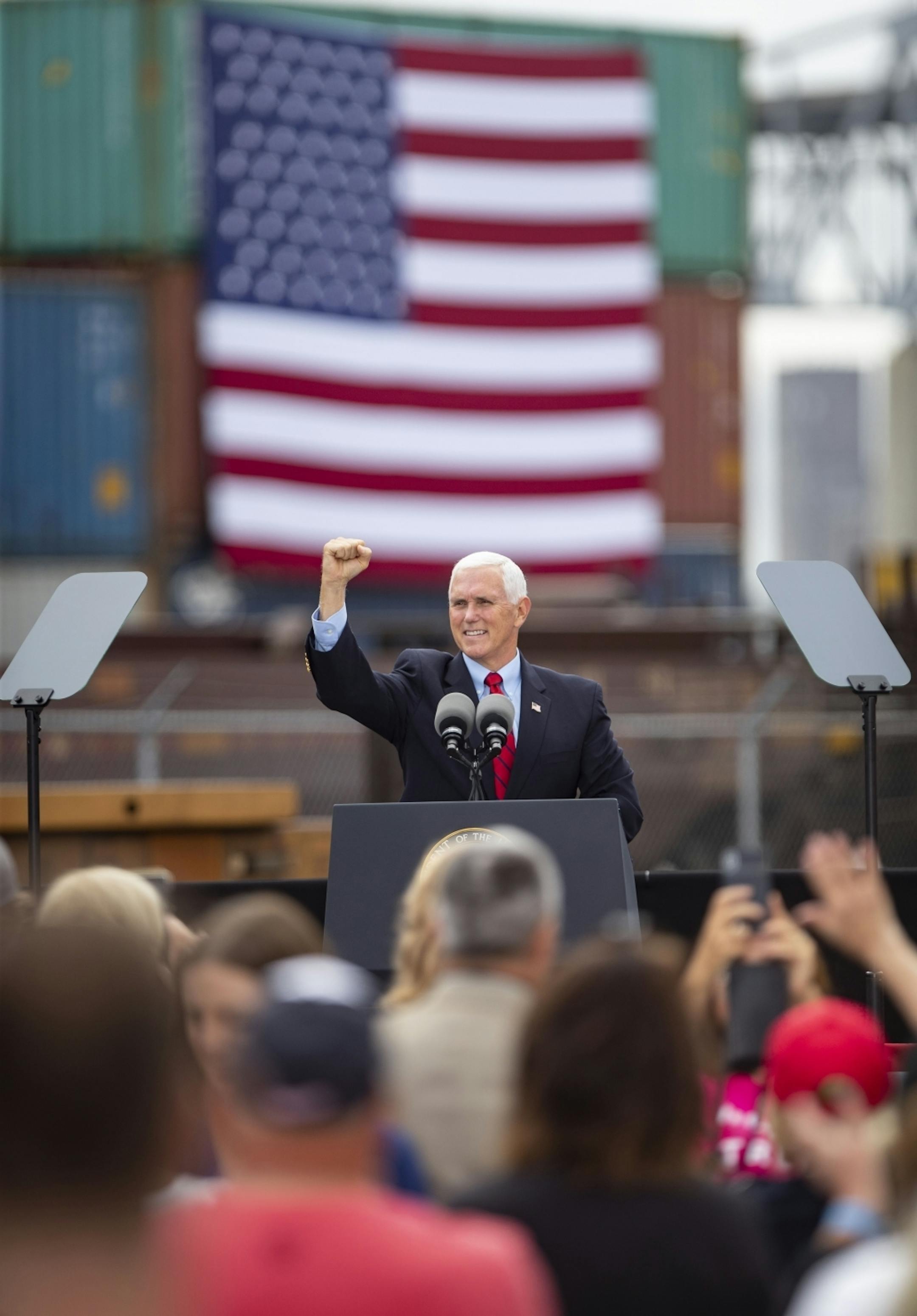 Vice President Mike Pence addressed a crowd of several hundred Republican supporters in Duluth outside Lake Superior Warehousing on Friday.
