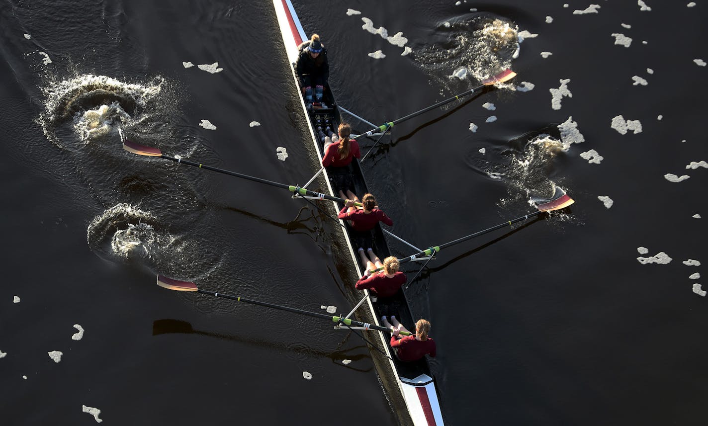 The fall colors along the Mississippi River are near peak as a University of Minnesota the University of Minnesota women's rowing team works out, seen from the Franklin Ave. Bridge Tuesday, Oct. 17, 2017, Minneapolis, MN.] DAVID JOLES &#xef; david.joles@startribune.com Warm October weather and peak fall colors.