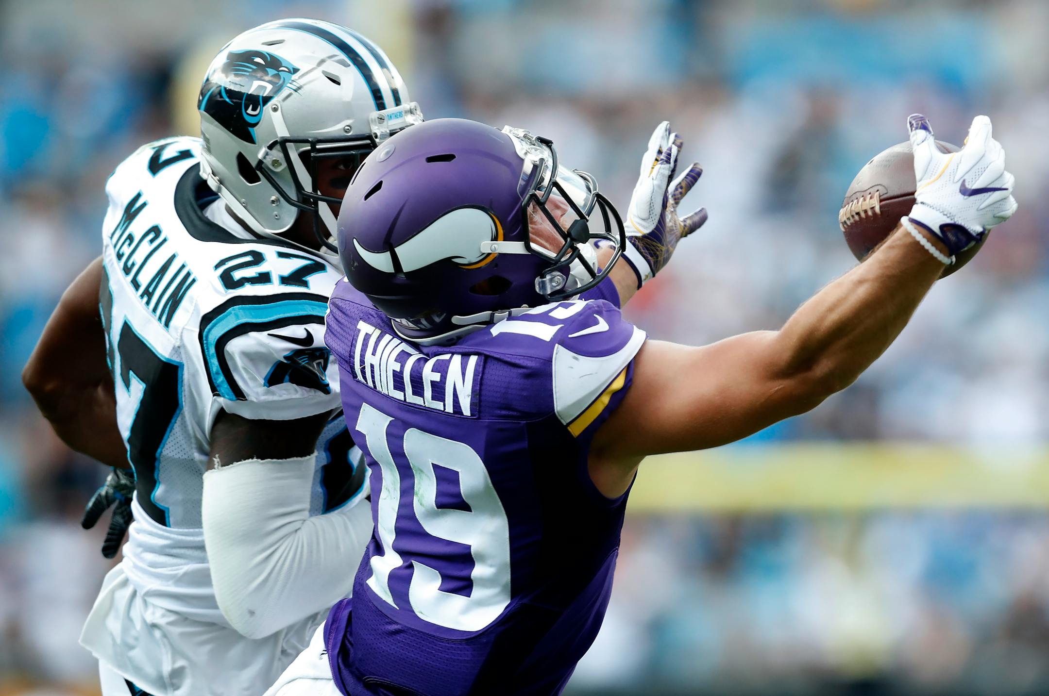 This year, in only four games, Vikings receiver Adam Thielen has set career highs in receptions and receiving yards.