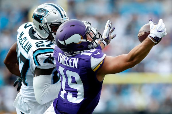 This year, in only four games, Vikings receiver Adam Thielen has set career highs in receptions and receiving yards.