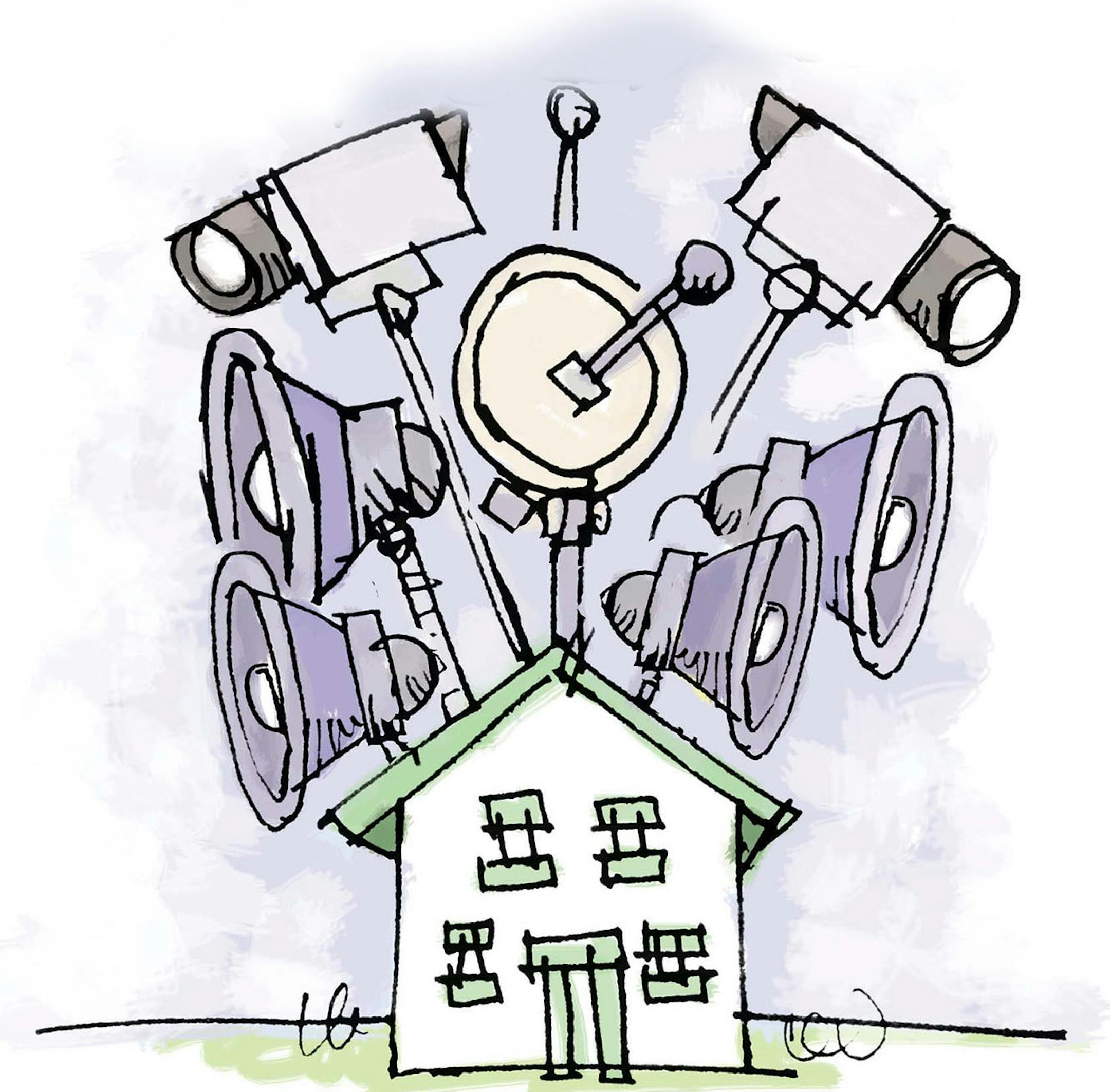 300 dpi 3 col x 7.5 in / 146x190 mm / 497x648 pixels Mark Mattern color illustration of well-armed home equipped with alarms, cameras, satellite dish and police siren. KRT 2003 <p> KEYWORDS: krtcrime crime krtfeatures features krtnational national krtworld world krthome home house housing krt alarm alarma aspecto aspectos coddington crime crimen fear grabado gun hogar home house illustration ilustracion mattern miedo nra police policia rifle robo security seguridad service servicio siren theft 2