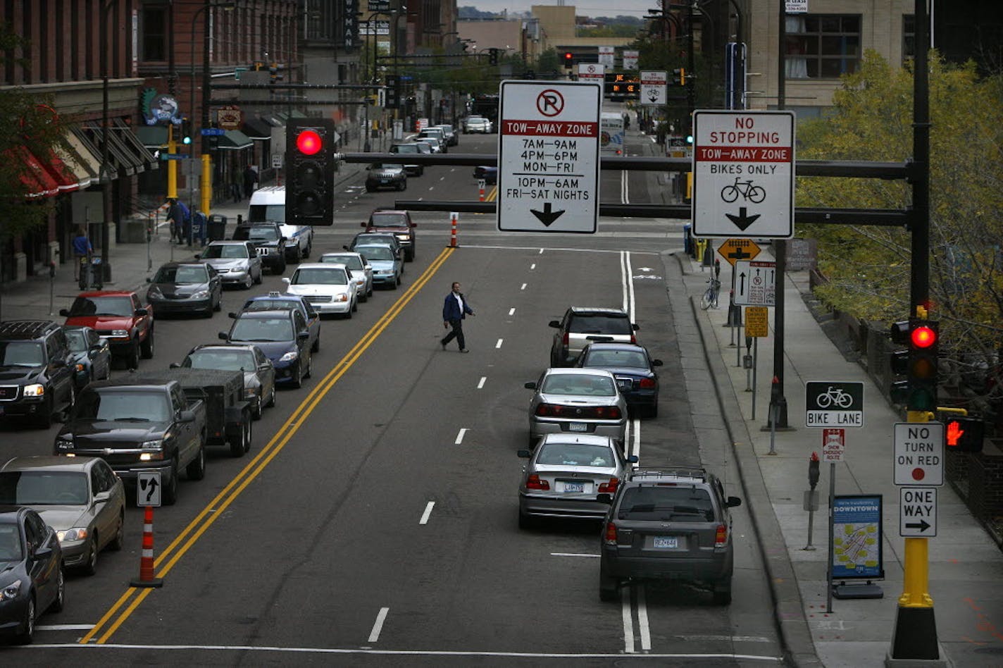 A bike lane was added immediately next to the curb when 1st Avenue was converted to a two-way street in 2009 in Minneapolis.