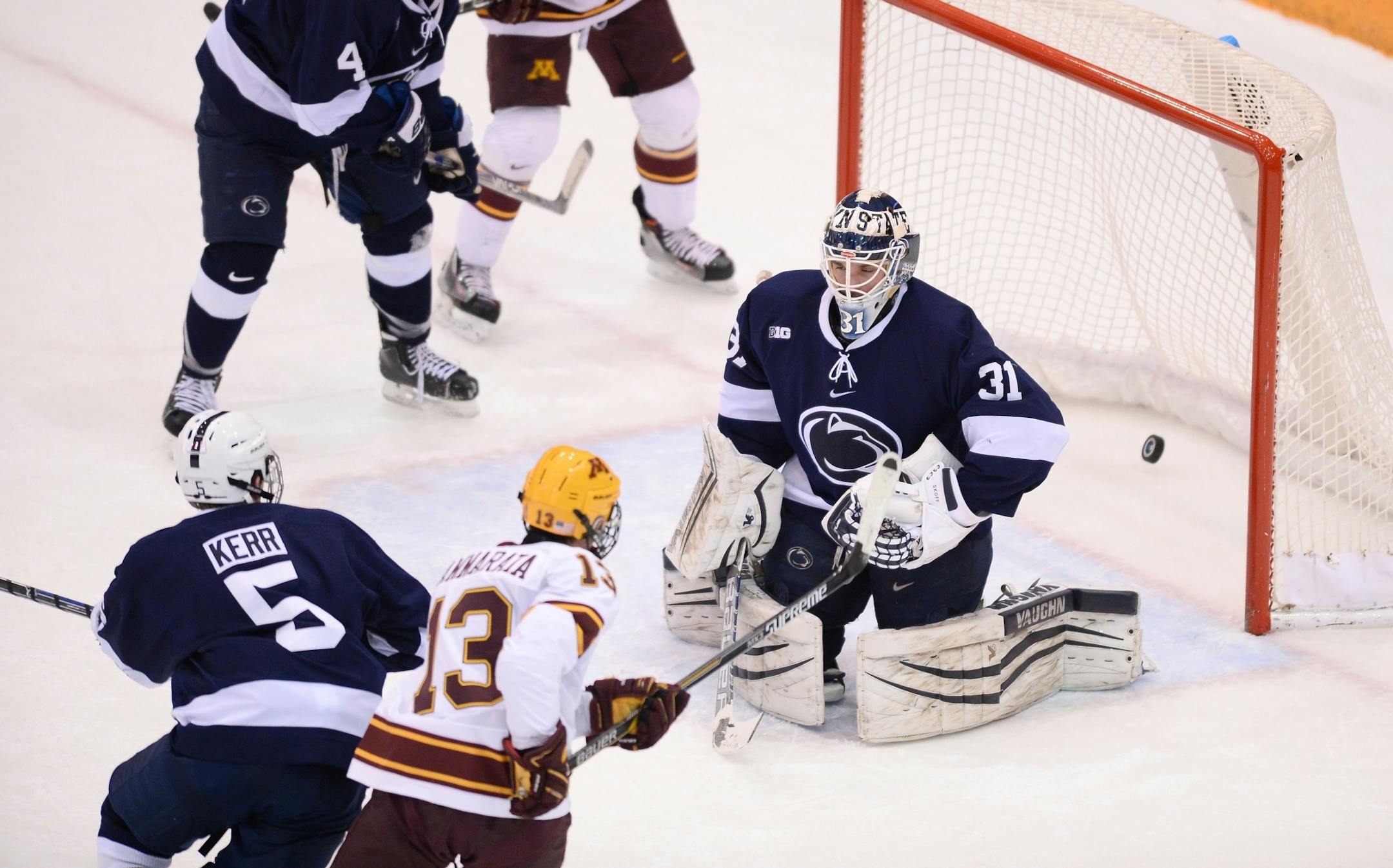 A shot by Minnesota Golden Gophers left wing Taylor Cammarata (13) made it past Penn State Nittany Lions goalie Matthew Skoff (31) for a goal late in the first period.
