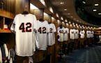 No. 42 jerseys aligned the Twins clubhouse for Jackie Robinson Day.