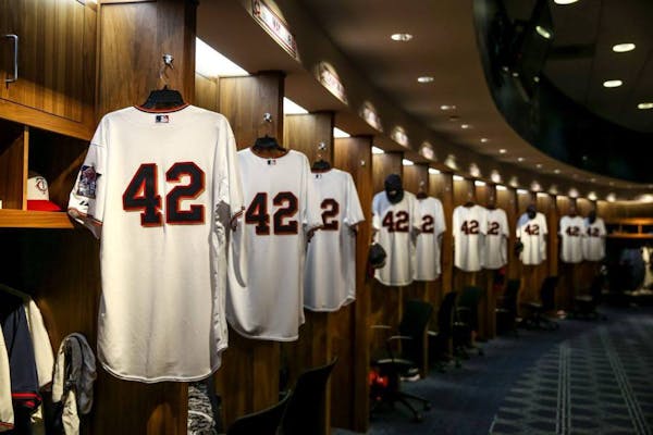 No. 42 jerseys aligned the Twins clubhouse for Jackie Robinson Day.