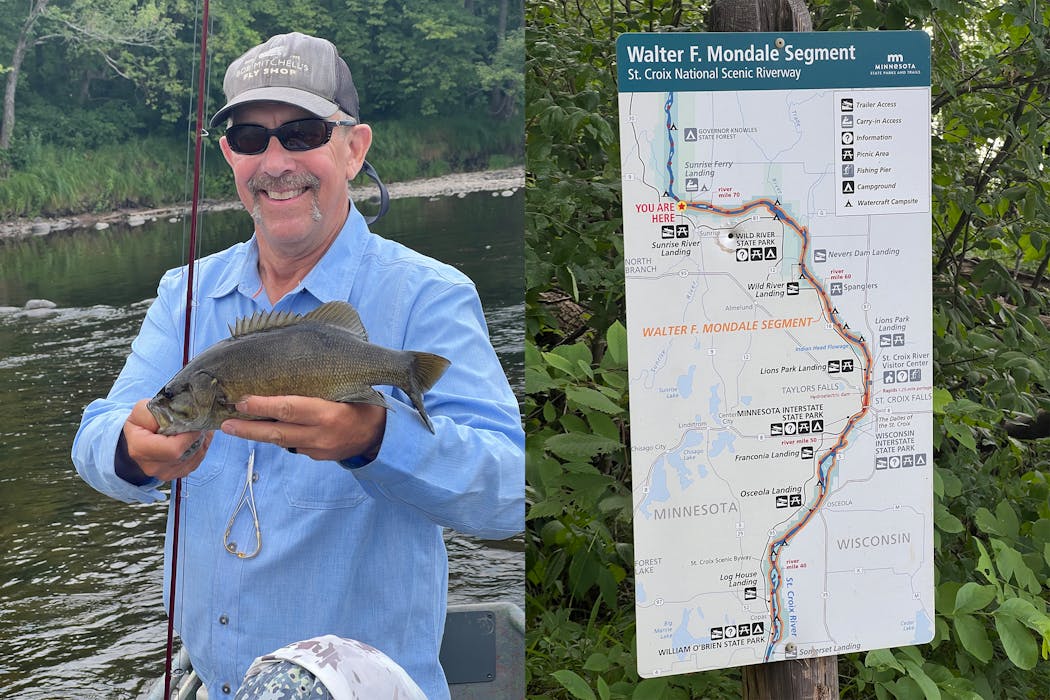 Ted Higman, with a nice smallie; a map at a St. Croix River boat launch site shows a section of the river dedicated to the late U.S. Senator and Vice President Walter Mondale.