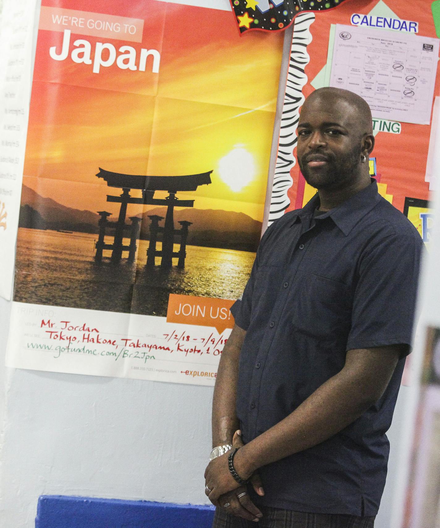 English teacher Bijoun Eric Jordan is raising money to plan a trip with students to Japan this summer at Frederick Douglass VII High School in Brooklyn. (Byron Smith/New York Daily News/TNS)