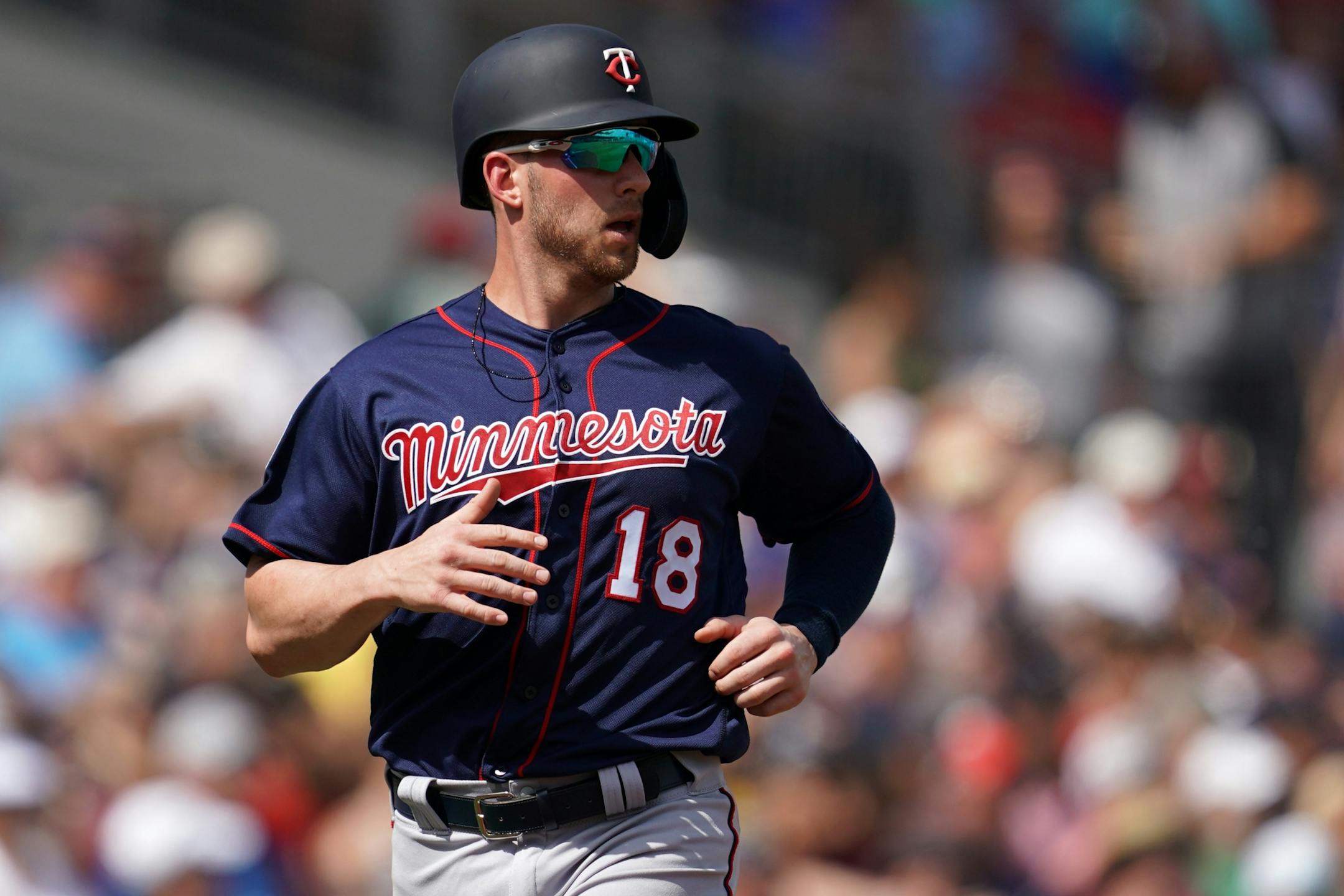 Minnesota Twins catcher Mitch Garver (18) crossed home plate to score of a hit by Minnesota Twins catcher Brian Navarreto (79) during Sunday's game.