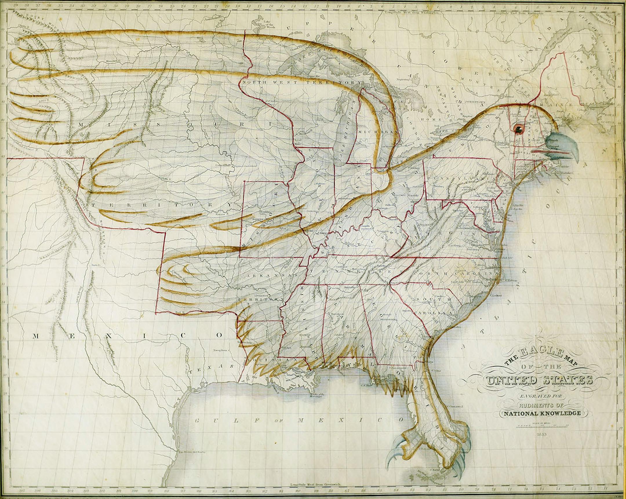 Joseph Churchman's 1833 hand colored engraving "The Eagle Map of the United States" represented the the borders of the U.S. at the time.