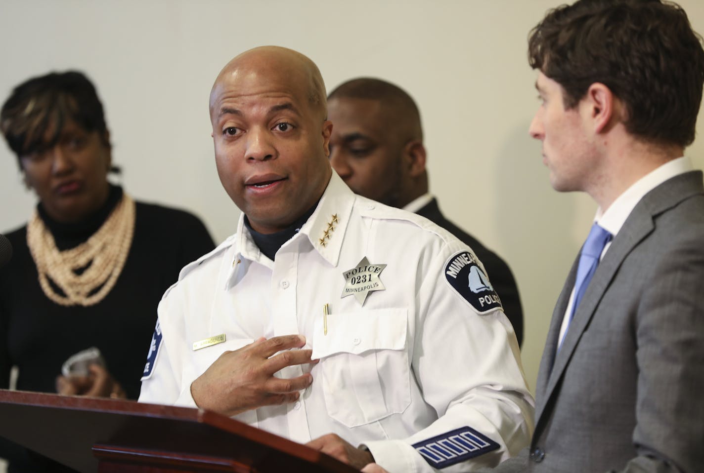 Chief Medaria Arrandondo spoke at a press conference where officials announced another series of body camera policy revisions, which they say are intended to boost transparency and accountability, at the University of Minnesota Urban Research and Outreach Center on April 4, 2018 in Minneapolis, Minn. ] RENEE JONES SCHNEIDER &#x2022; renee.jones@startribune.com