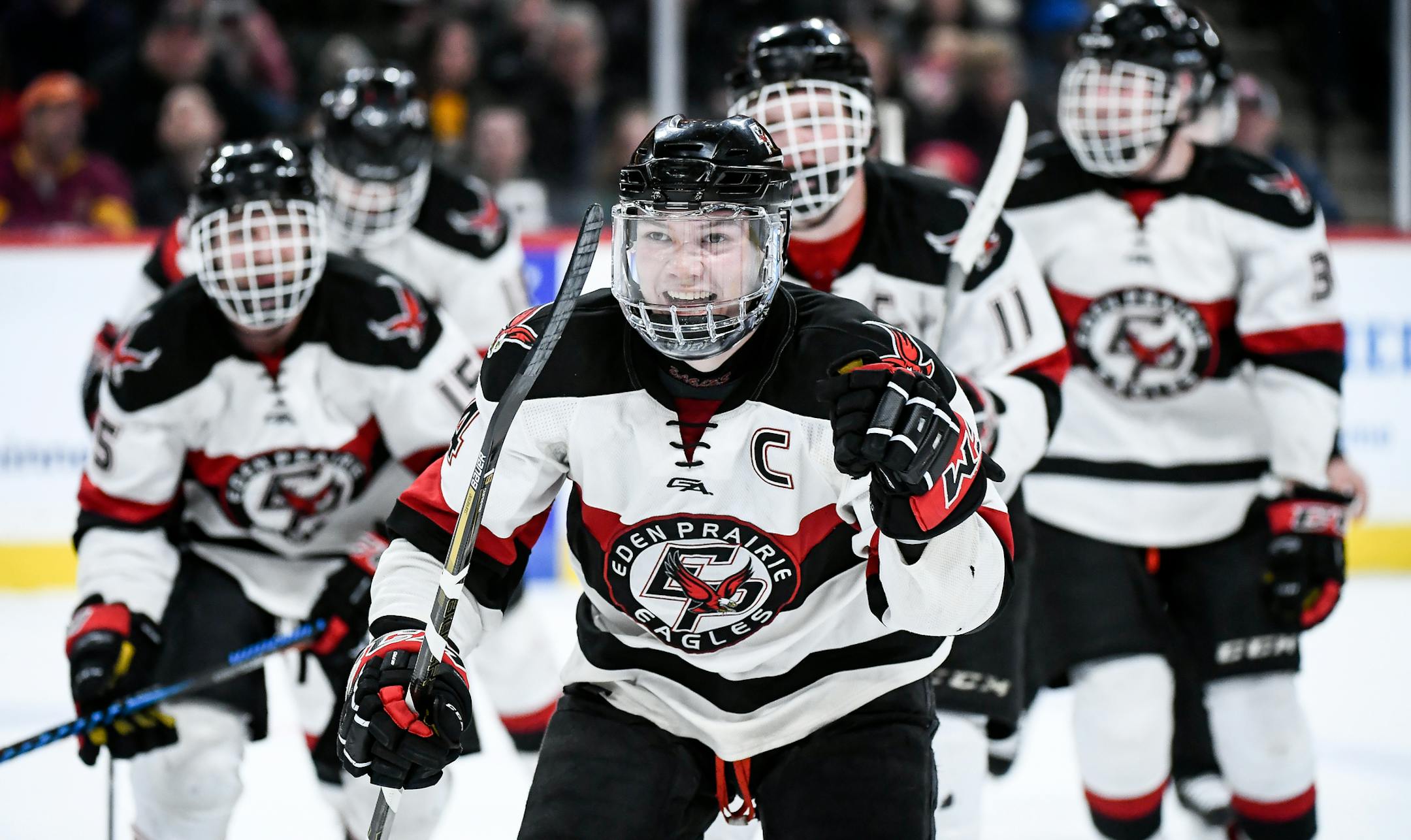 Eden Prairie defenseman Nicky Leivermann (4) celebrated after scoring the go ahead goal late in the third period Thursday night against Wayzata. ] AARON LAVINSKY ï aaron.lavinsky@startribune.com Eden Prairie played Wayzata in a boys' 2A quarterfinal hockey game on Thursday, March 9, 2017 at Xcel Energy Center in St. Paul, Minn.