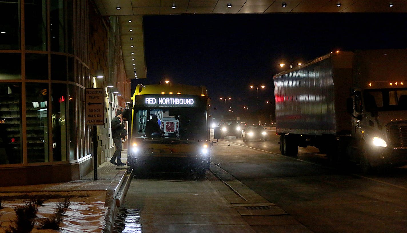 Commuters waited for and boarded busses at the Red Line's Apple Valley Transit Station on Cedar Ave., south of County Road 42 Wednesday afternoon. ] JIM GEHRZ â€¢ jgehrz@startribune.com / Eagan and Apple Valley, MN / November 19, 2014 /4:00 PM / BACKGROUND INFORMATION: Minnesota's first-ever bus rapid transit route will get $9.7 million Wednesday to fix a station that has annoyed passengers and hobbled its effort to operate like a low-budget light rail. The Counties Transit Improvement Board wil