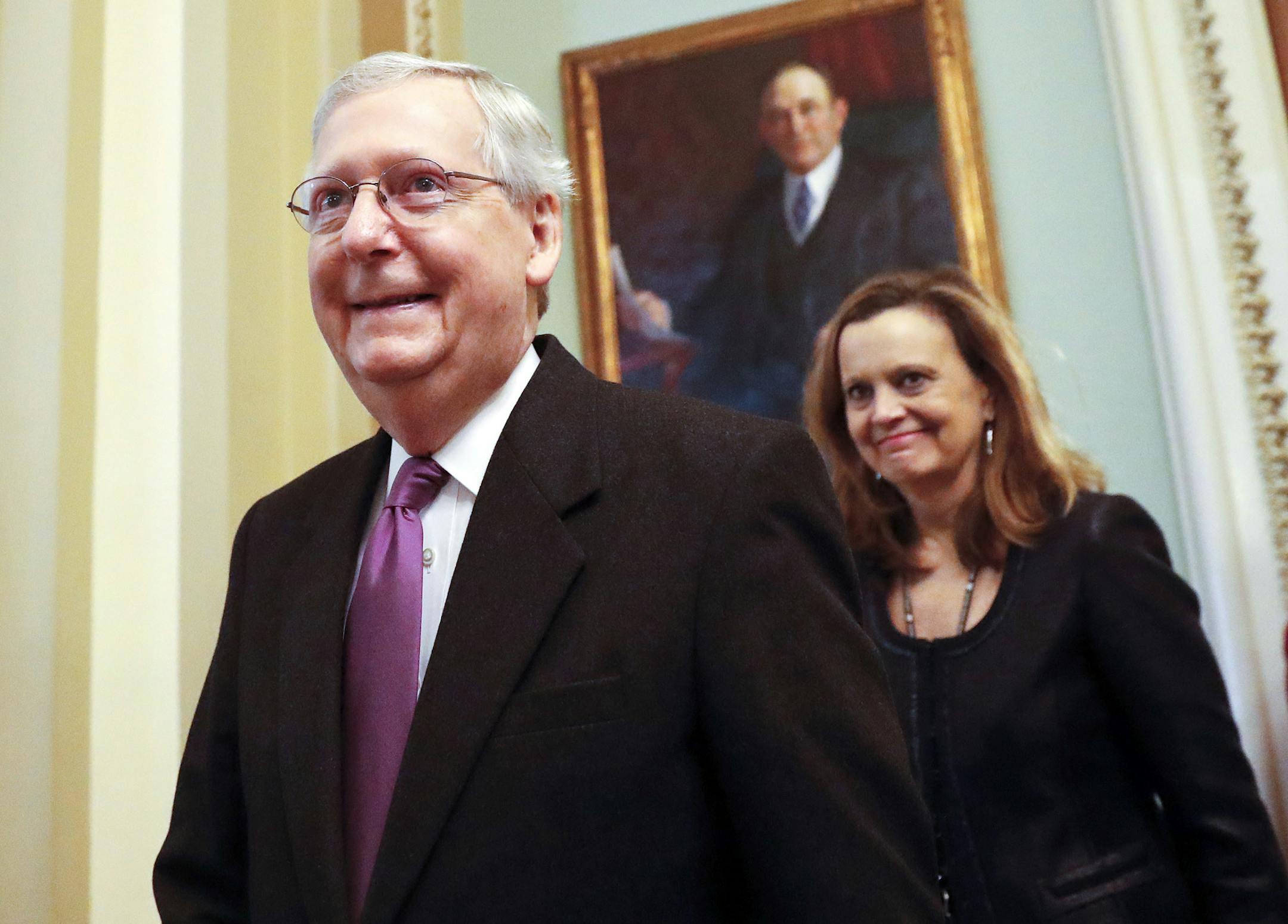 Senate Majority Leader Mitch McConnell of Ky., walks back to his office on Capitol Hill in Washington, Monday, Jan. 22, 2018. Senate leaders have reached an agreement to advance a bill ending government shutdown. (AP Photo/Pablo Martinez Monsivais)