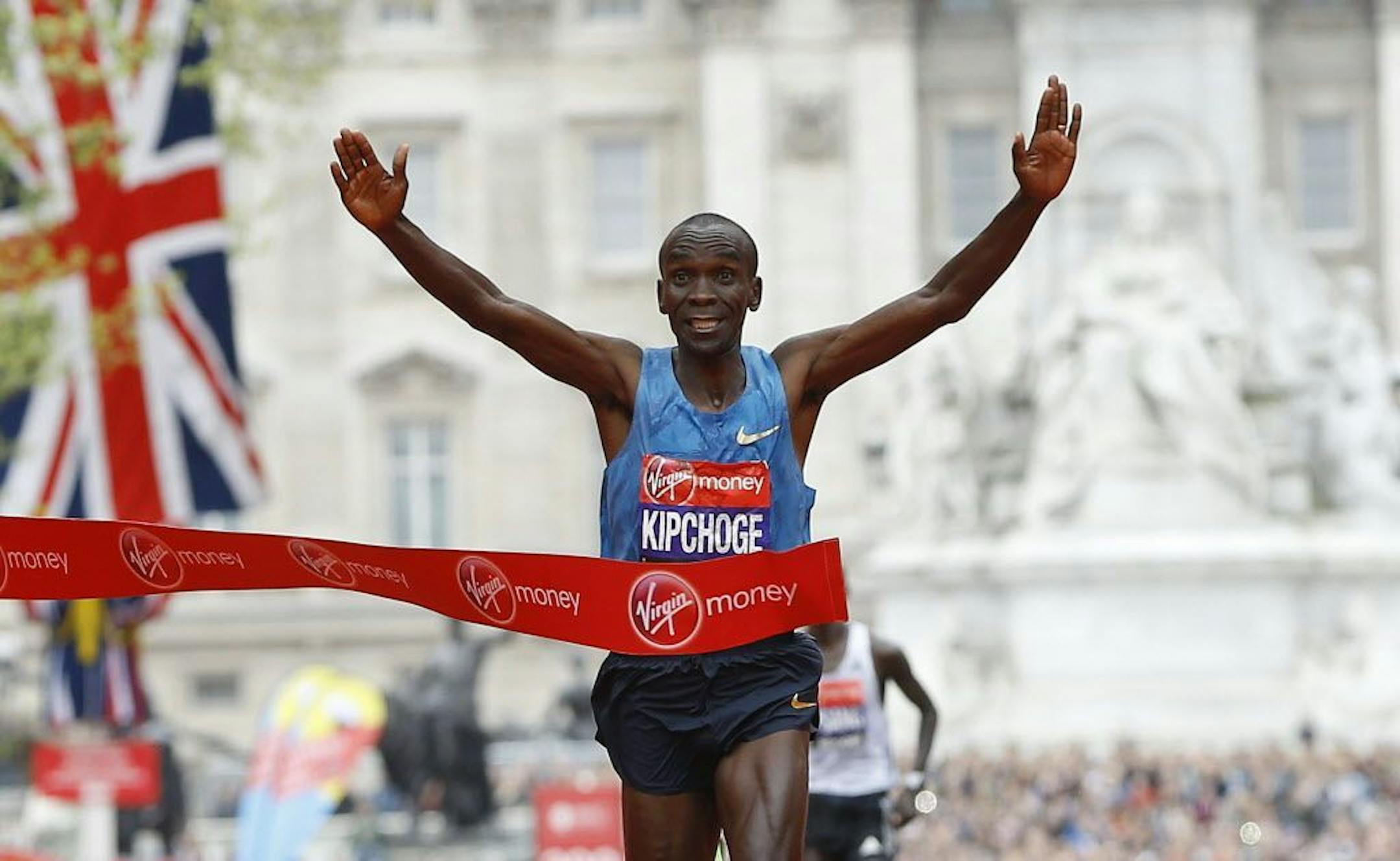 FILE - In this Sunday, April 26, 2015 file photo, Eliud Kipchoge of Kenya wins the Men's race in the 35th London Marathon. On the 63rd anniversary of Roger Bannister breaking the four-minute mile, three elite athletes will attempt to do something arguably more extraordinary, run the first sub-two-hour marathon. Olympic marathon champion Eliud Kipchoge leads the attempt on Saturday, May 6, 2017 at Monza's Formula One racecourse, along with two-time Boston Marathon winner Lelisa Desisa, from Ethio